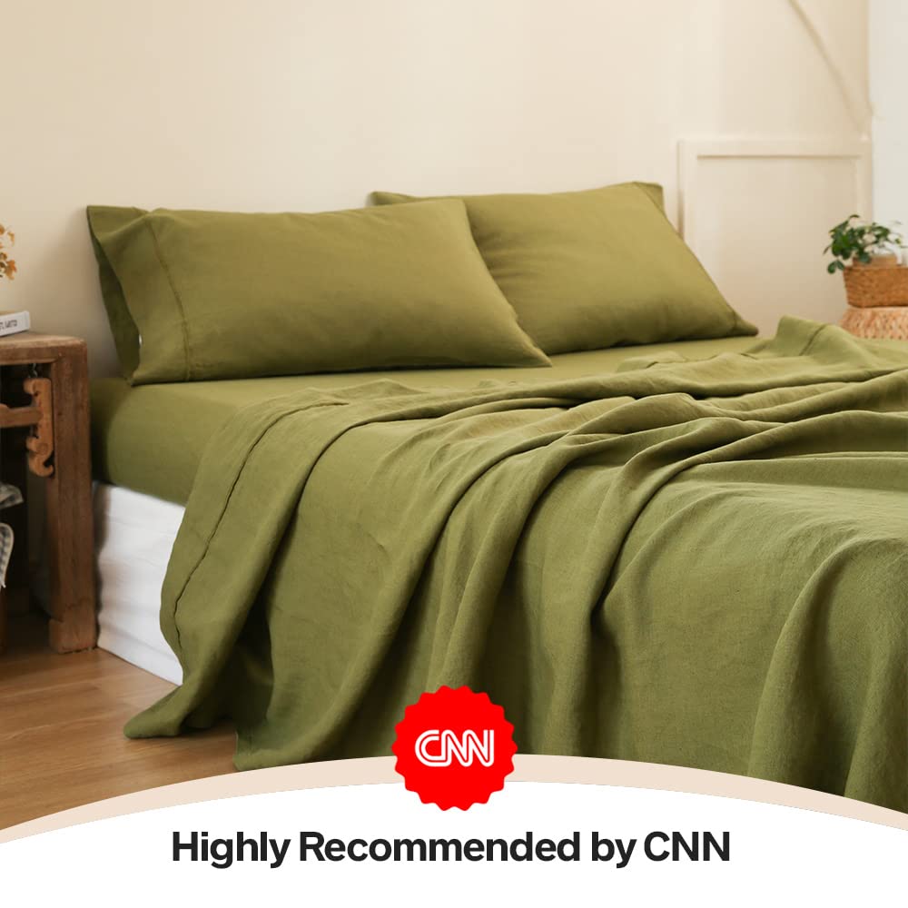 100% Pure Linen Sheet Set Full Size - Natural French Flax 4-Piece Washed Breathable Bedding (Flat Sheet, Fitted Sheet, 2 Pillowcases) in Olive Green with Embroidery | Farmhouse & Bohemian Style | Perfect for Hot Sleepers & Eco-Friendly Homes
