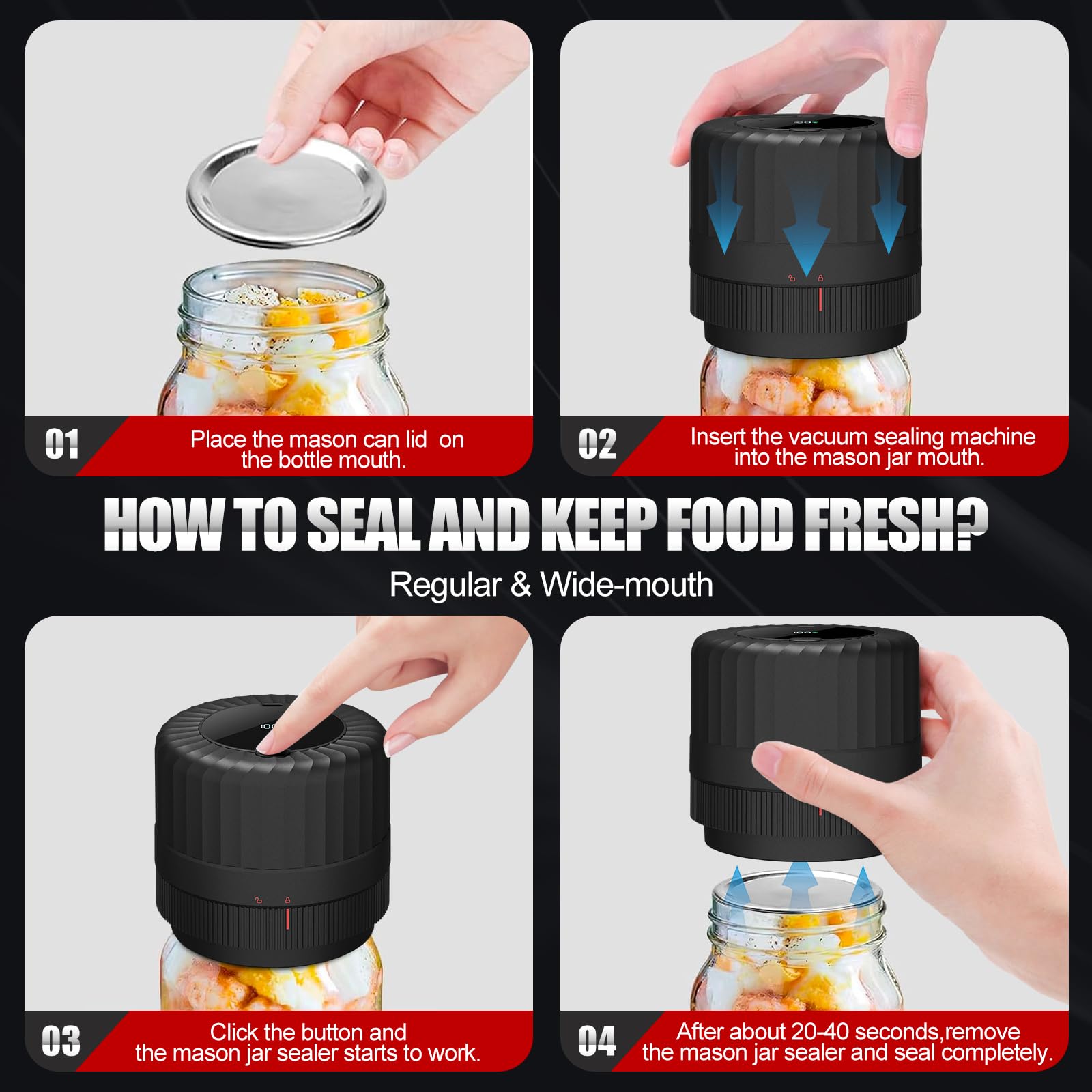 2025 Newest Electric Mason Jar Vacuum Sealer Kit - Wide & Regular Mouth Canning Jar Lids - Perfect for Food Storage, Meal Prep & Home Preserving