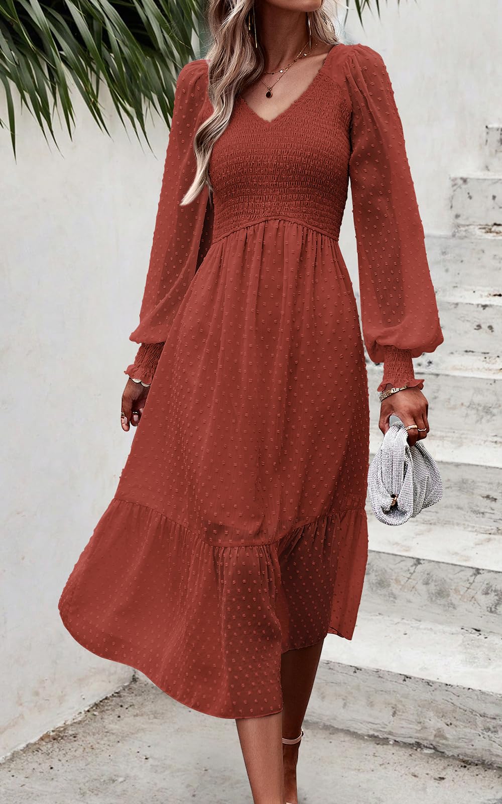 PRETTYGARDEN Women's Spring Dresses 2025 - Long Sleeve V Neck Swiss Dot Chiffon Dress with Empire Waist & Ruffle Details | Elegant Midi Dress for Wedding Guest, Party, Date Night & Office Wear