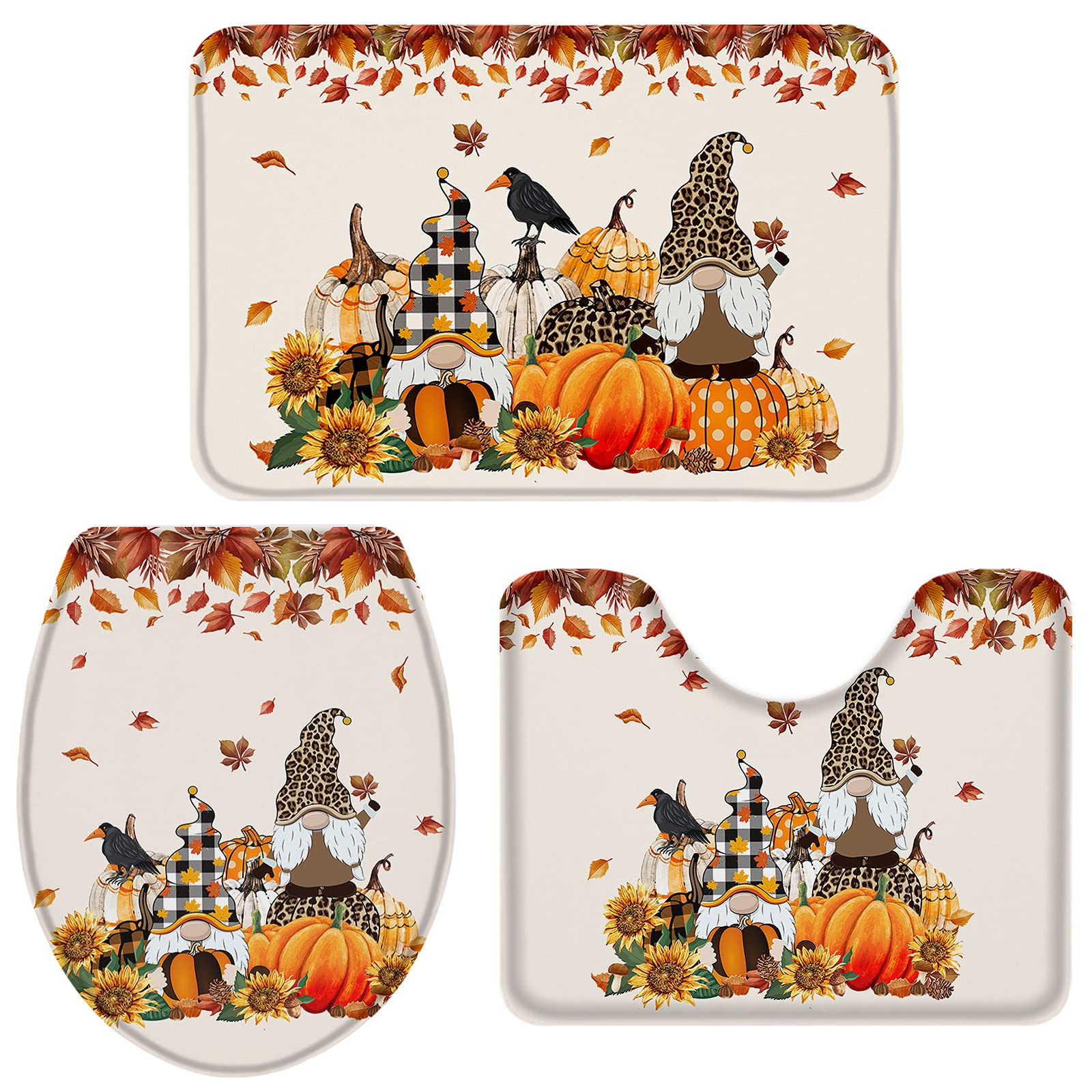 3-Piece Bathroom Rug Set - Non-Slip Absorbent Thanksgiving Fall Decor with Cartoon Gnome, Pumpkin & Sunflower Design - Contour Mat & Toilet Cover for Bathroom, Tub & Shower - Perfect for Holiday Home Decor & Cozy Bathroom Upgrades