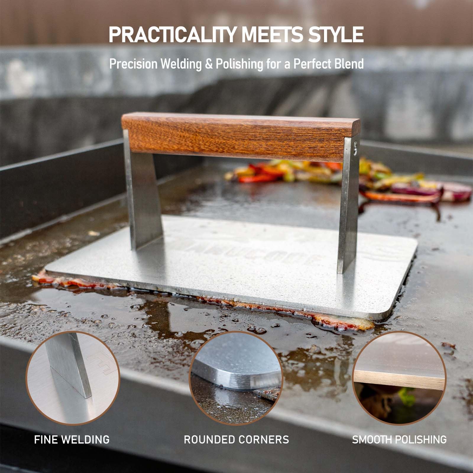 3LB Heavy Stainless Steel Bacon Press - Flat Top Grill & Griddle Accessories for Searing Smash Burgers, Steaks & Sandwiches - 9.25