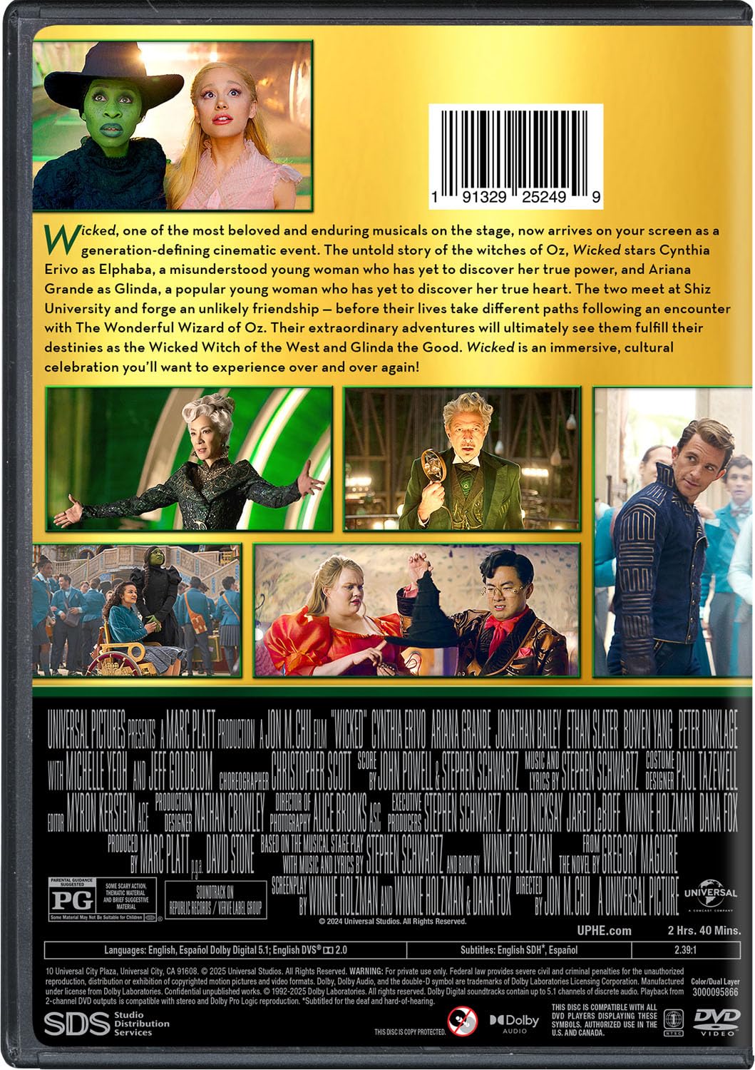 Wicked (DVD) - Broadway Musical Movie, Fantasy Adventure Film for Family Movie Night & Theater Lovers