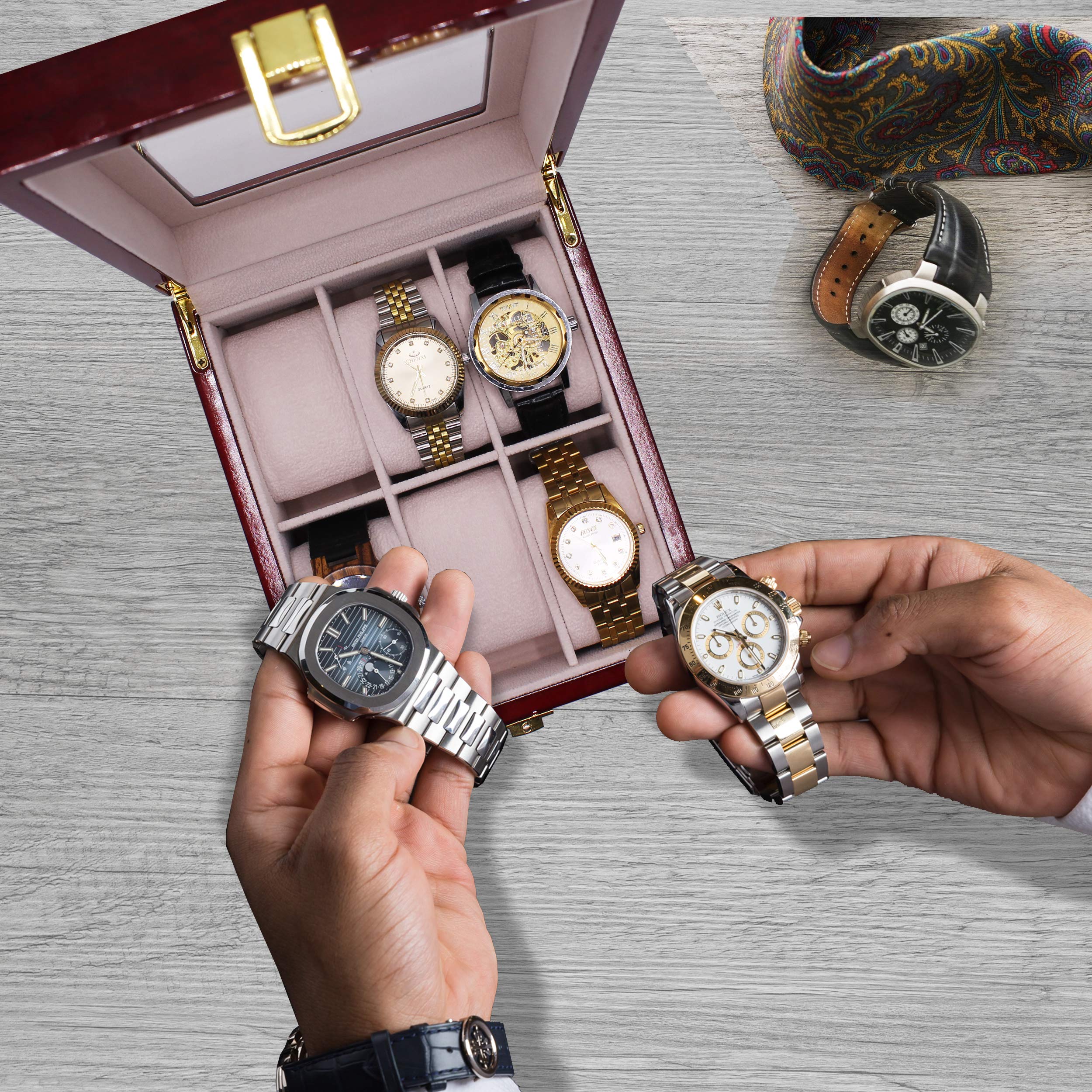 Personalized 6 Slot Wooden Watch Box with Glass Top - Custom Engraved Watch Display Case for Men & Women (Rosewood) | Luxury Watch Storage Organizer for Dresser, Travel & Gift Giving