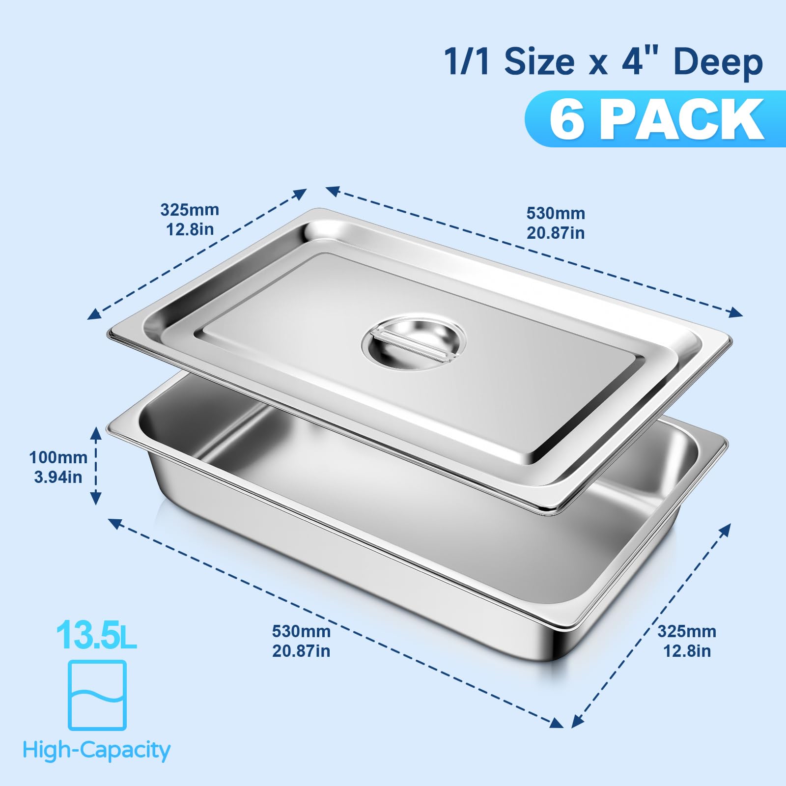 6-Pack Commercial Stainless Steel Hotel Pans with Lids - 4