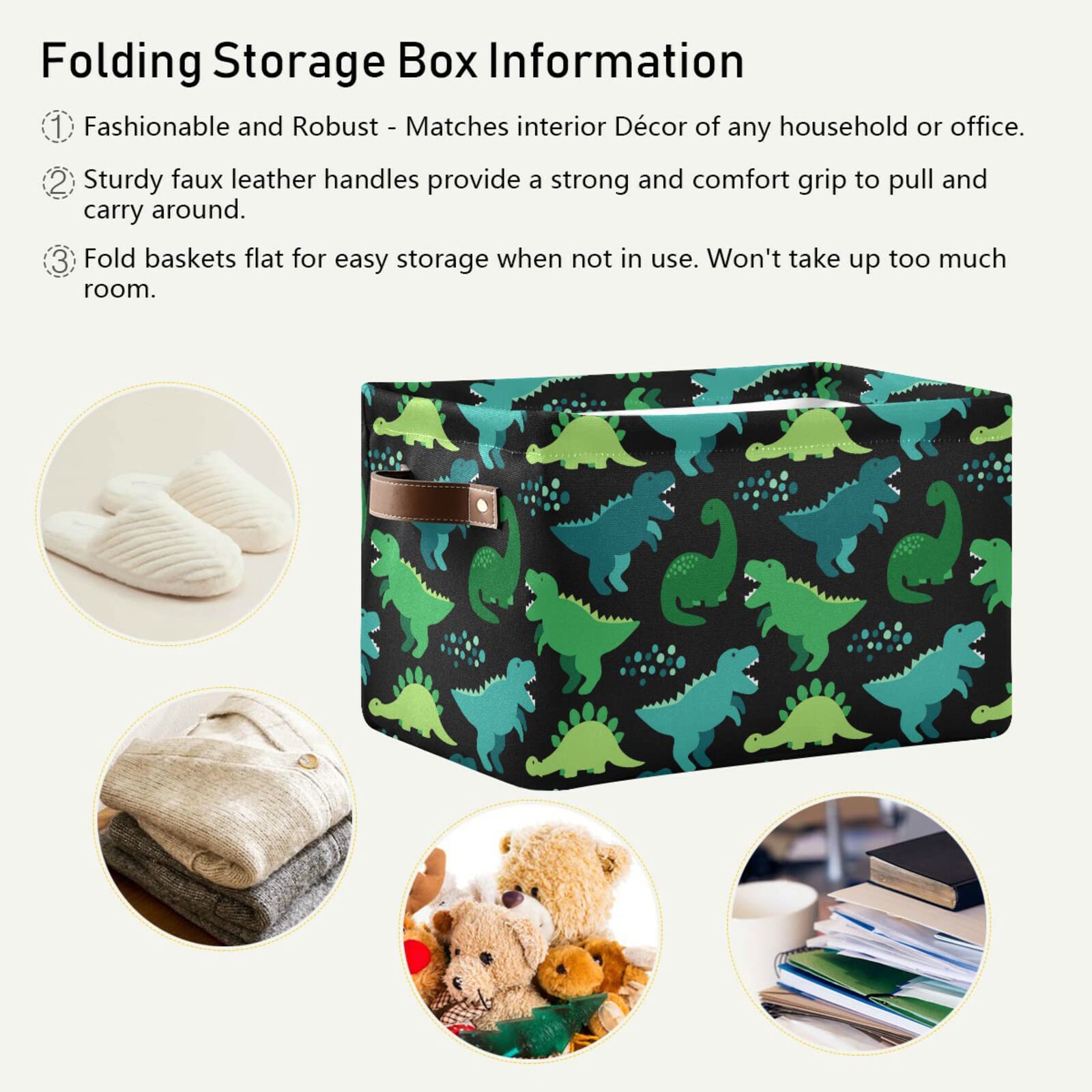 Collapsible Dinosaur Storage Bin with Handles - Bathroom Organizer Box