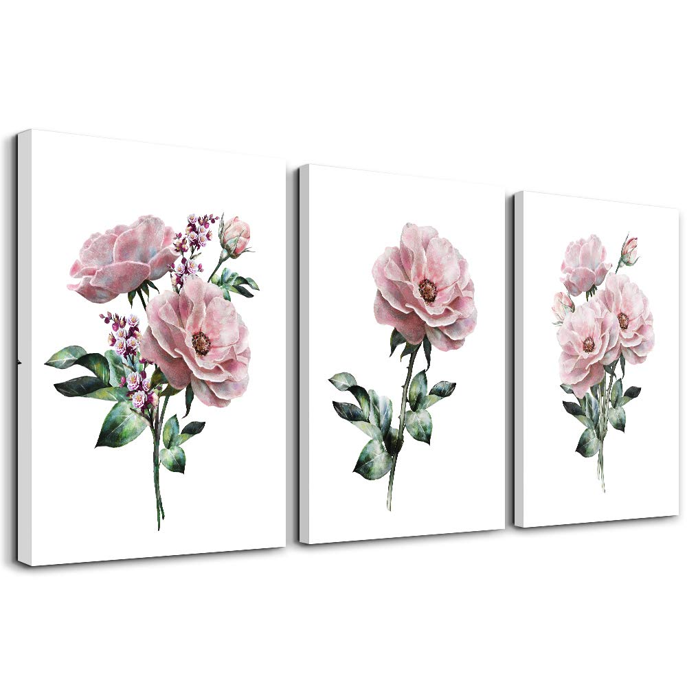 3-Piece Pink Flowers on White Background Canvas Wall Art - Kitchen, Bedroom, Living Room, Bathroom, Office & Restaurant Decor | Modern Home Decoration for Walls | Perfect for Housewarming Gifts & Interior Design