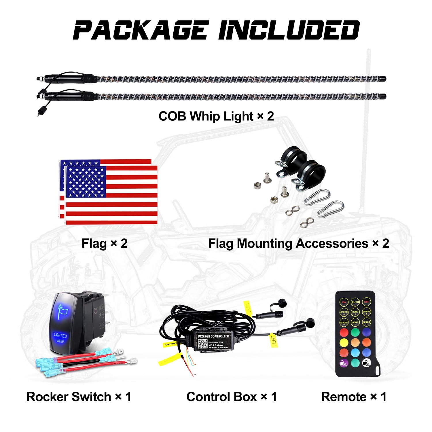 2PCS 3FT COB Whip Lights with Rock Switch - RGB Chasing LED Whip for UTV ATV RZR Polaris SXS Can-Am 4 Wheeler - App & Remote Control, Music Sync - Perfect for Off-Roading, Night Riding & Vehicle Customization