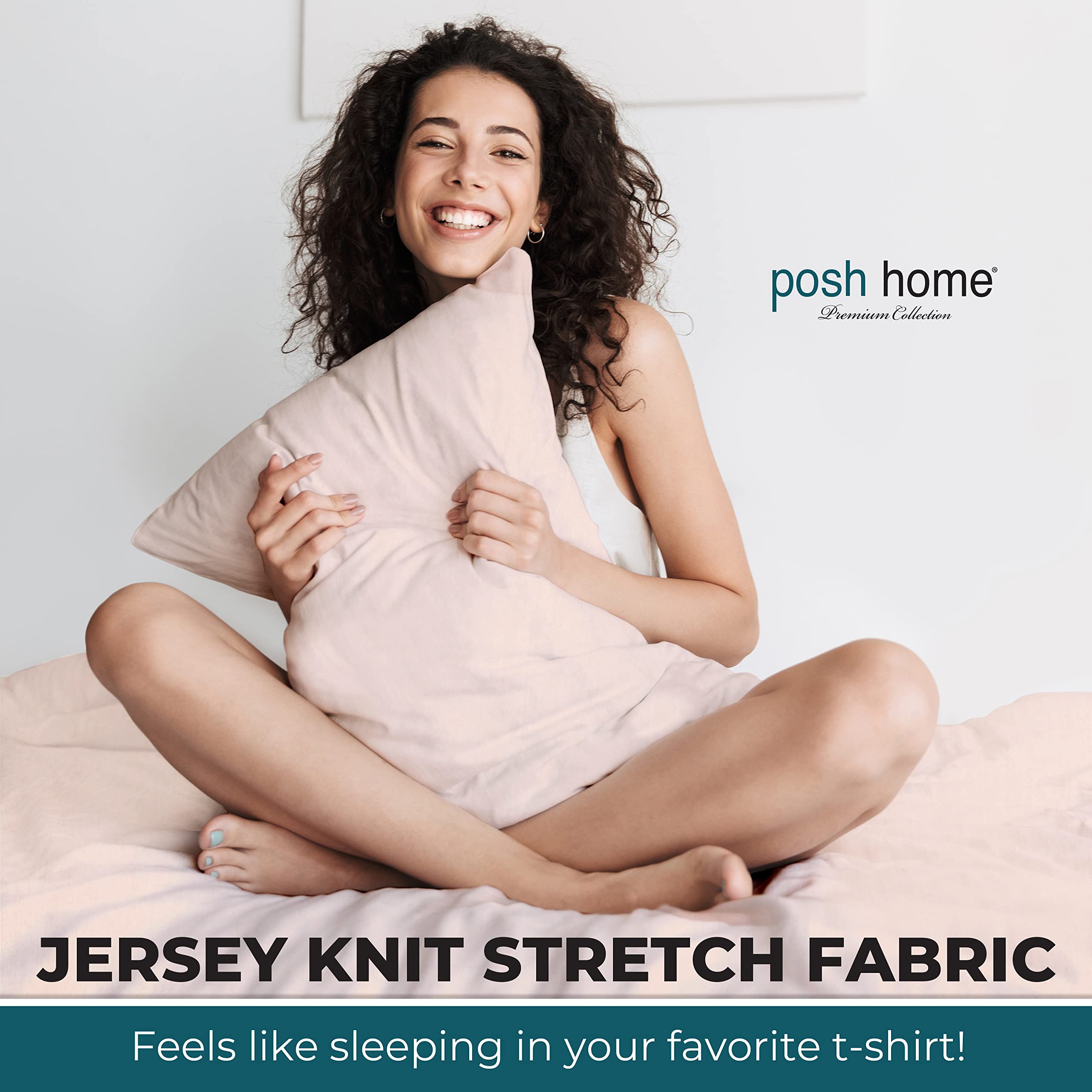 Posh Home 4-Piece Jersey Knit Sheet Set - Ultra Soft & Breathable T-Shirt Cotton Bed Sheets - Includes Flat Sheet, Fitted Sheet & 2 Pillowcases - California King Size, Blush Pink - Perfect for Cozy Nights & Luxury Bedroom Decor