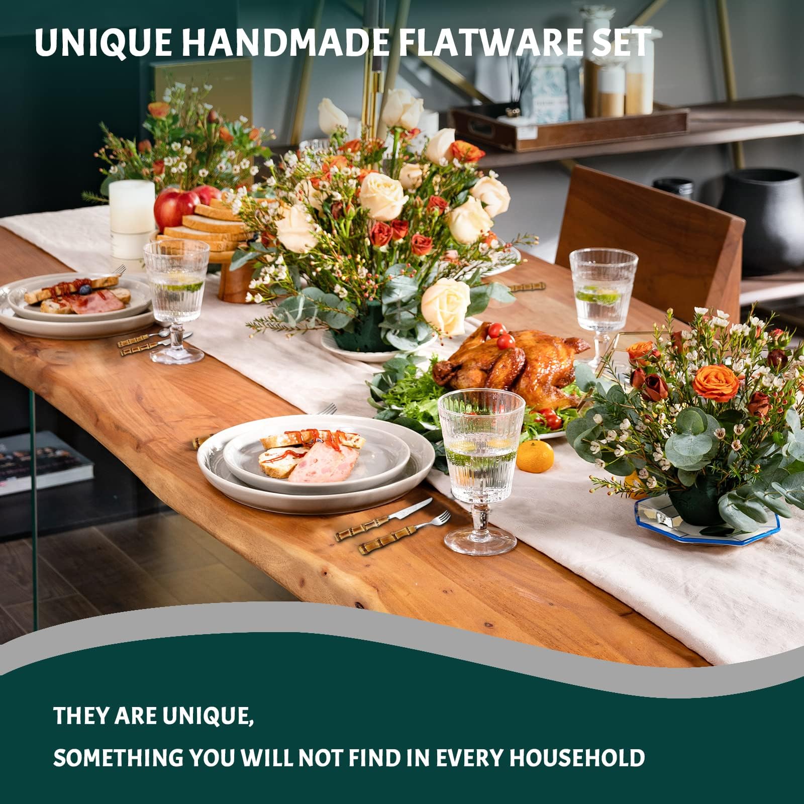 Premium 60-Piece Bamboo Handle Stainless Steel Cutlery Set for 12 - 18/8 Dishwasher Safe Flatware Set with Natural Bamboo Handles - Perfect for Dinner Parties, Restaurants, and Everyday Family Dining