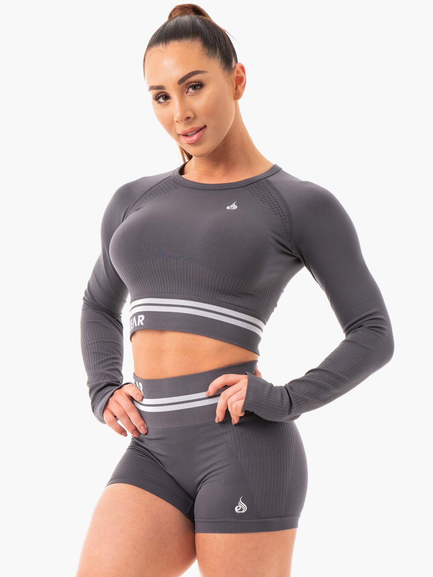 Freestyle Seamless Long Sleeve Crop Top for Women - Charcoal Grey Workout Shirt | Yoga, Gym & Running Activewear