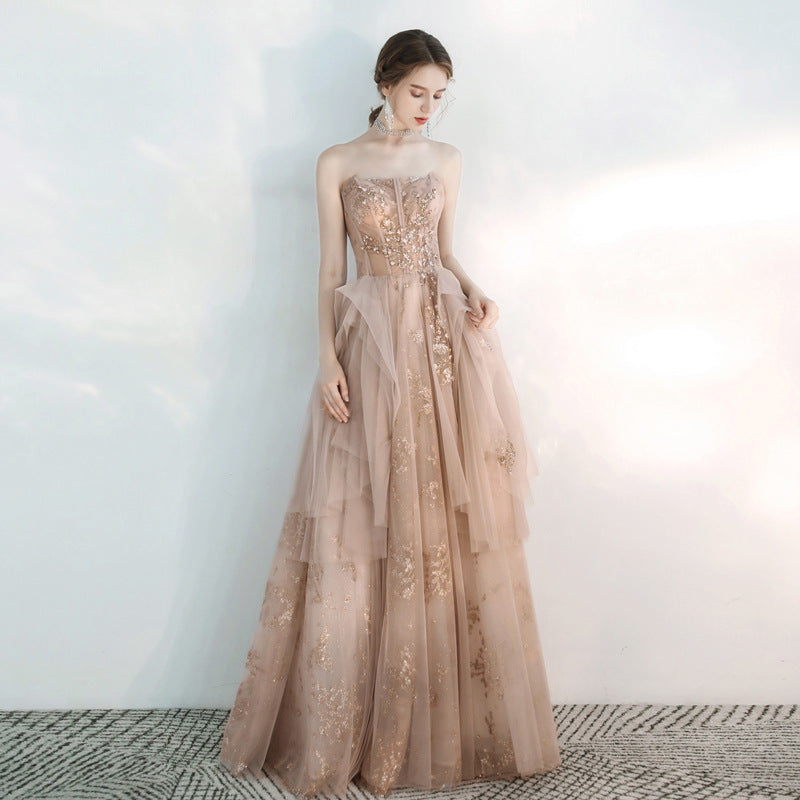 Elegant Champagne Pink Tulle Prom Dress - Strapless Long Evening Gown for Formal Parties & Special Occasions | Perfect for Homecoming, Quinceañera & Wedding Events