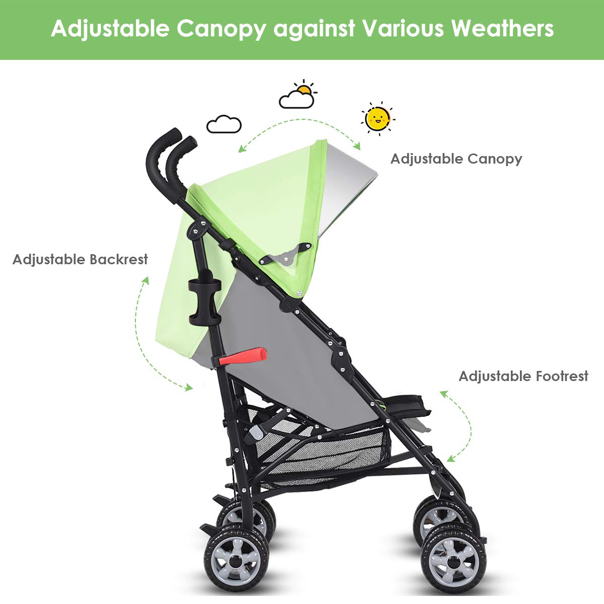 HONEY JOY Lightweight Compact Baby Stroller for Travel - Adjustable Canopy & Reclining Seat with 5-Point Safety Harness, Cup Holder & Storage Basket | Foldable Umbrella Stroller for Toddlers | Perfect for Airplane, Shopping & Daily Walks (Green)