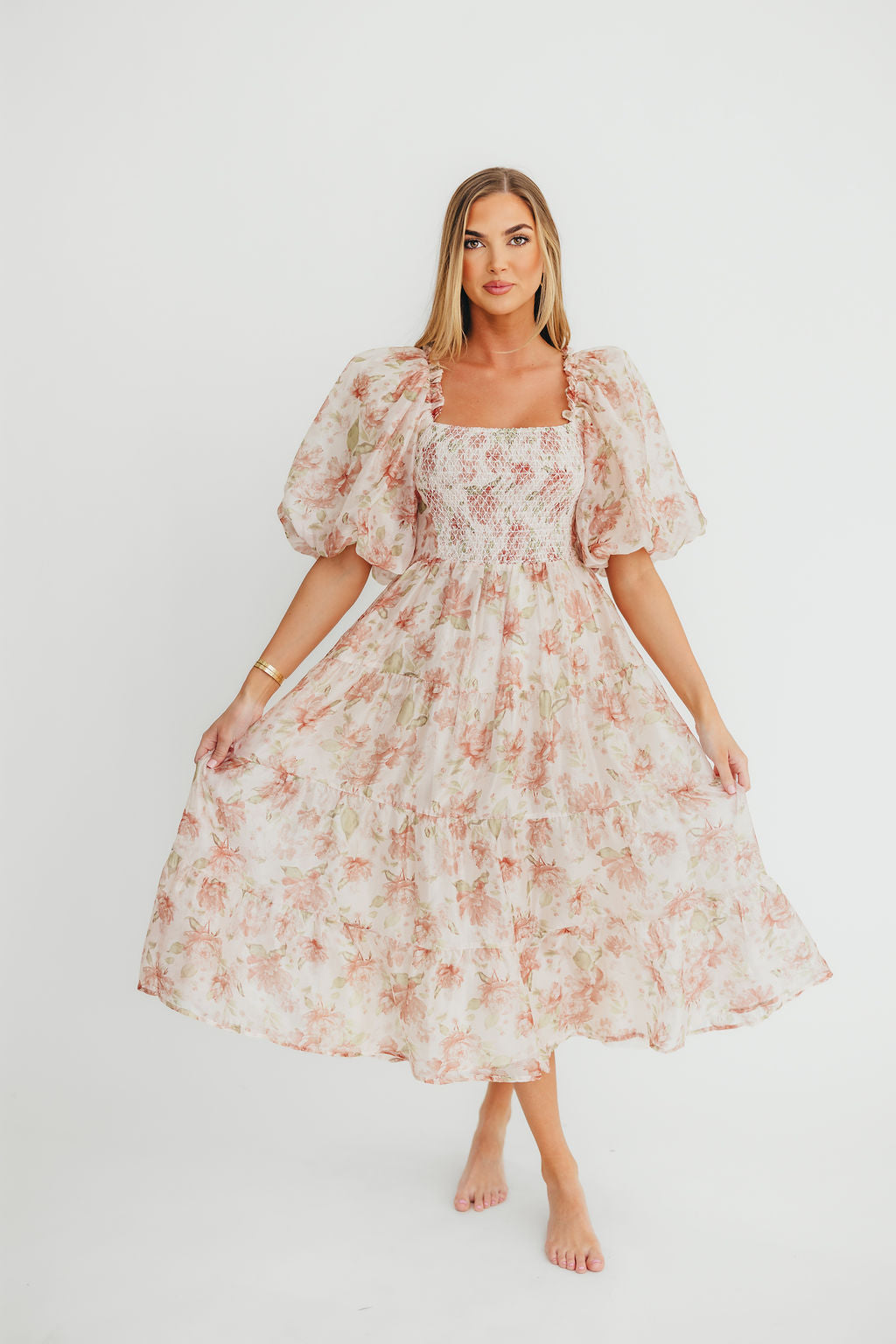 McKenna Puffed Sleeve Tiered Midi Dress in Peach - Flowy Summer Dress for Women, Beach Wedding Guest Outfit, Boho Chic Party Dress