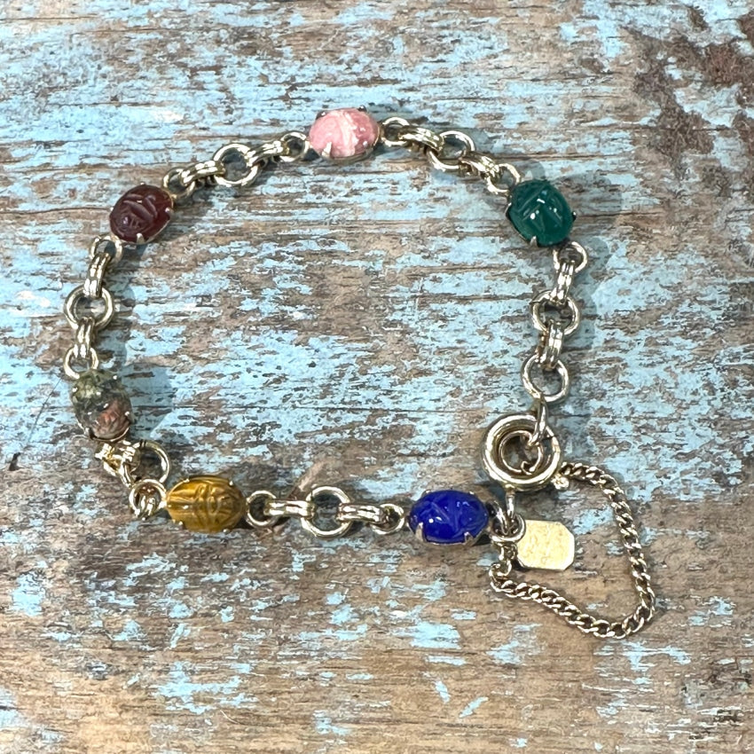 Vintage Karen Lynne 12k Gold Filled Gemstone Scarab Bracelet - Authentic Egyptian Revival Jewelry for Women, Perfect for Boho Fashion & Special Occasions