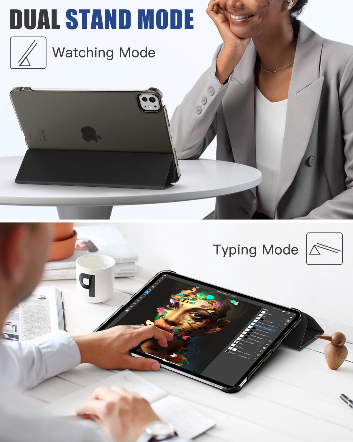 MoKo Ultra Slim Stand Case for iPad Pro 11 Inch 2024 (5th Gen) - Hard PC Translucent Back Cover Compatible with iPad Pro 11'' M4 Model (A2836/A2837/A3006), Supports Apple Pencil Pro (Black) - Perfect for Work, Study & Travel Protection