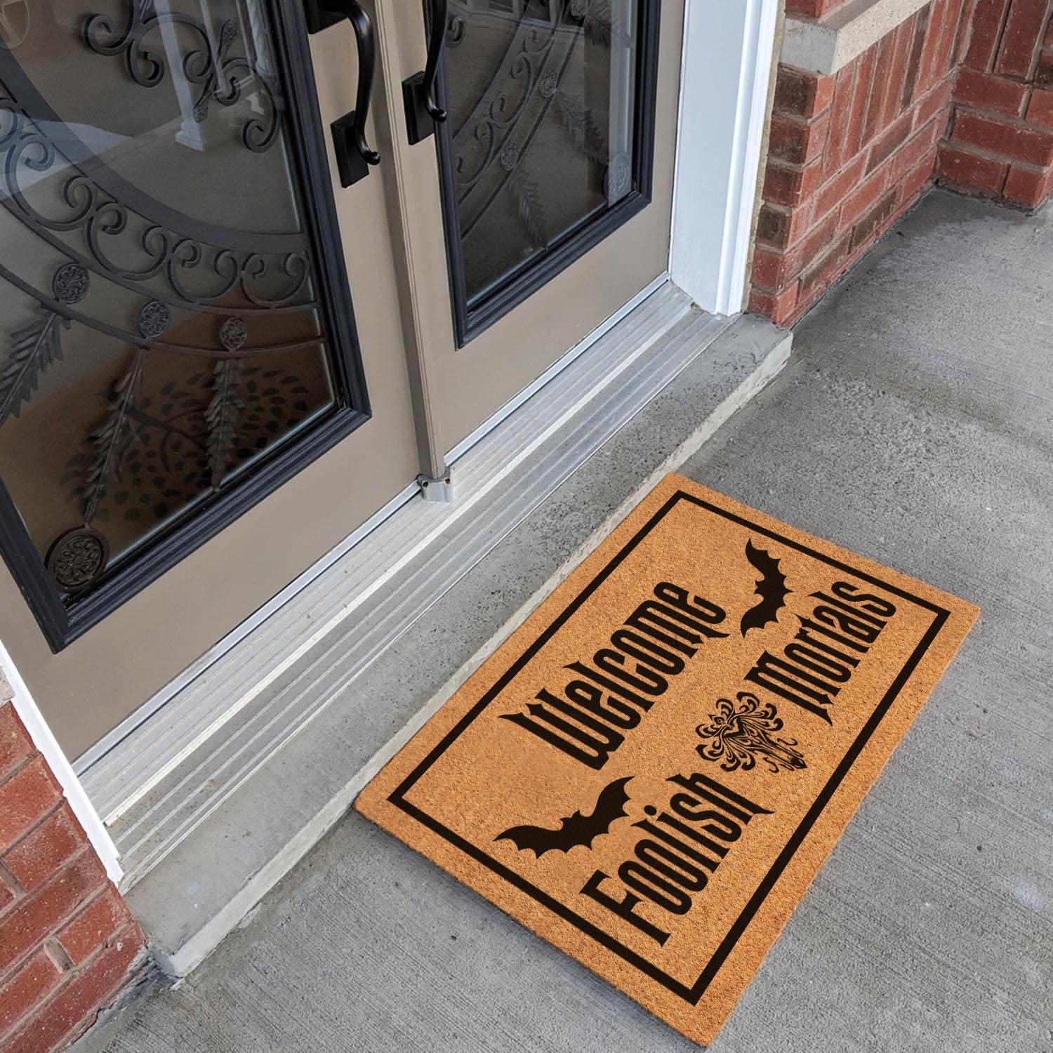 Funny Halloween Doormat - 'Welcome Foolish Mortals' Coir Entryway Rug with Non-Slip PVC Backing, 23.6x15.7 Inch - Durable Coconut Fiber Outdoor Mat for Front Porch, Haunted House Decor & Spooky Home Entrance
