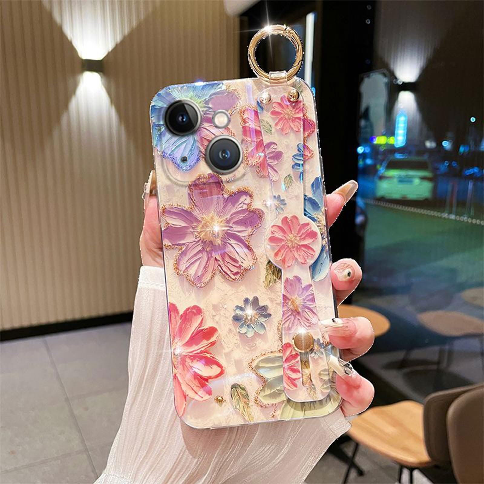 Shockproof iPhone 13 Case with Kickstand & Adjustable Wrist Strap - Soft Grip Holder Cover for 6.1 Inch iPhone 13 (Cherry Blossom Design) - Perfect for Gym, Travel & Outdoor Activities