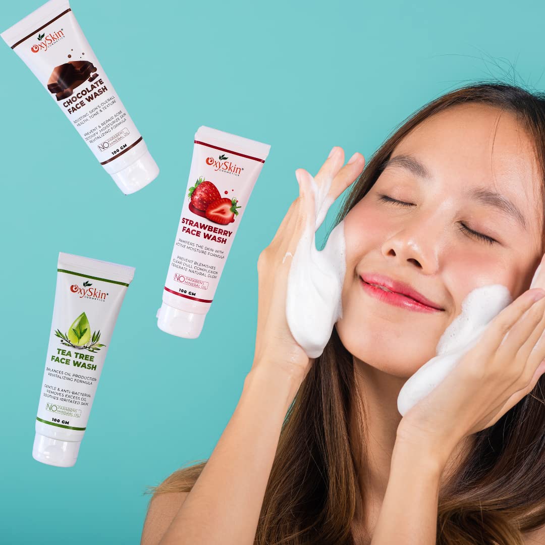 Oxyskin Cosmetics 3-Pack Facial Cleanser Set - Chocolate, Strawberry & Tea Tree for Acne-Prone & Sensitive Skin | Gentle Exfoliating & Hydrating Face Wash for Daily Skincare Routine
