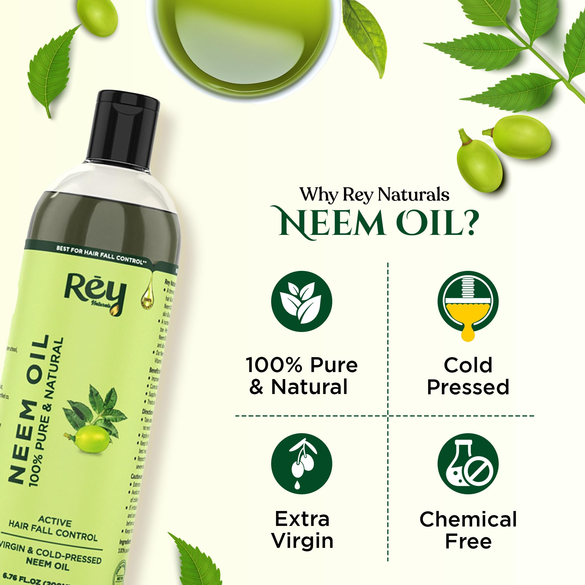 Rey Naturals Cold Pressed Neem Oil 200ml - Pure Organic Neem Oil for Skin Care, Hair Growth & Scalp Treatment | Helps with Dandruff, Lice Removal & Acne | Ideal for Body Massage, Hair Care Routine & Natural Beauty Regimen