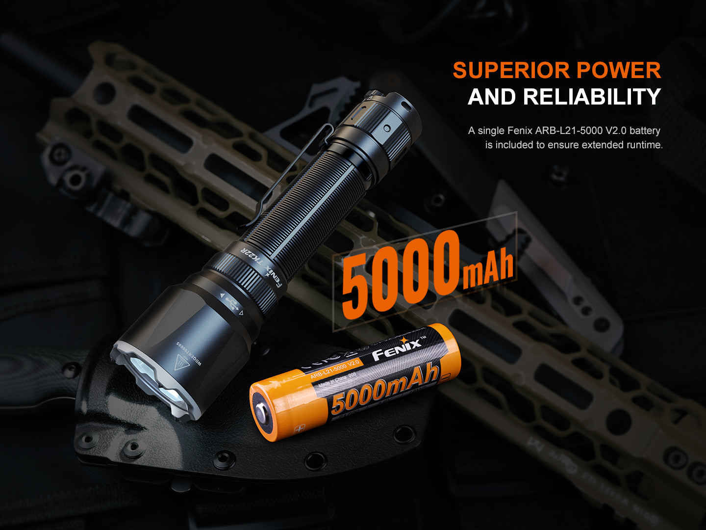Fenix TK22R Rechargeable Tactical Flashlight - 2000 Lumens, USB-C Charging, IP68 Waterproof for Outdoor, Camping, Hunting & Emergency Use