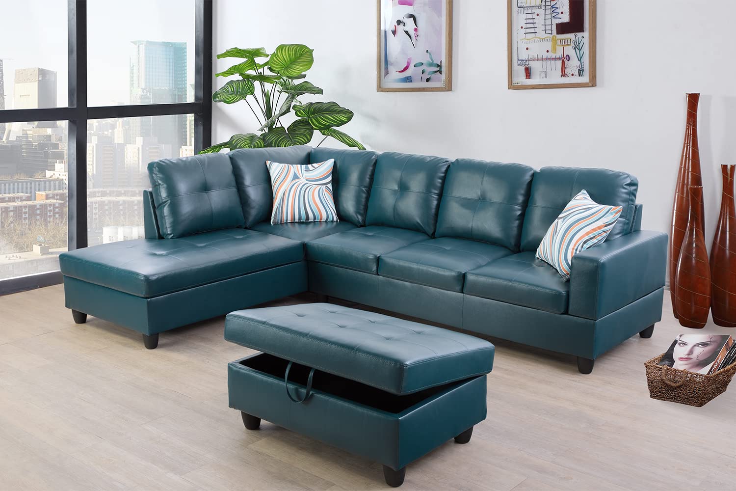 L-Shaped Leather Sectional Sofa with Storage Ottoman - Peacock Blue Faux Leather, Left-Facing Chaise for Living Room | Modern Home Furniture for Small Spaces & Family Gatherings