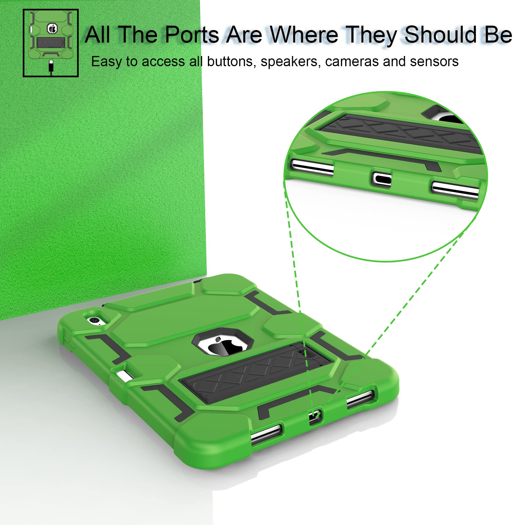 CCMAO Heavy Duty Shockproof Hybrid 3-Layer Protective Case for iPad 11th/10th Gen (2025/2022 Model A16) - Kickstand & Pencil Holder Included - Durable Green & Black Cover for Women & Girls - Perfect for Work, School & Travel