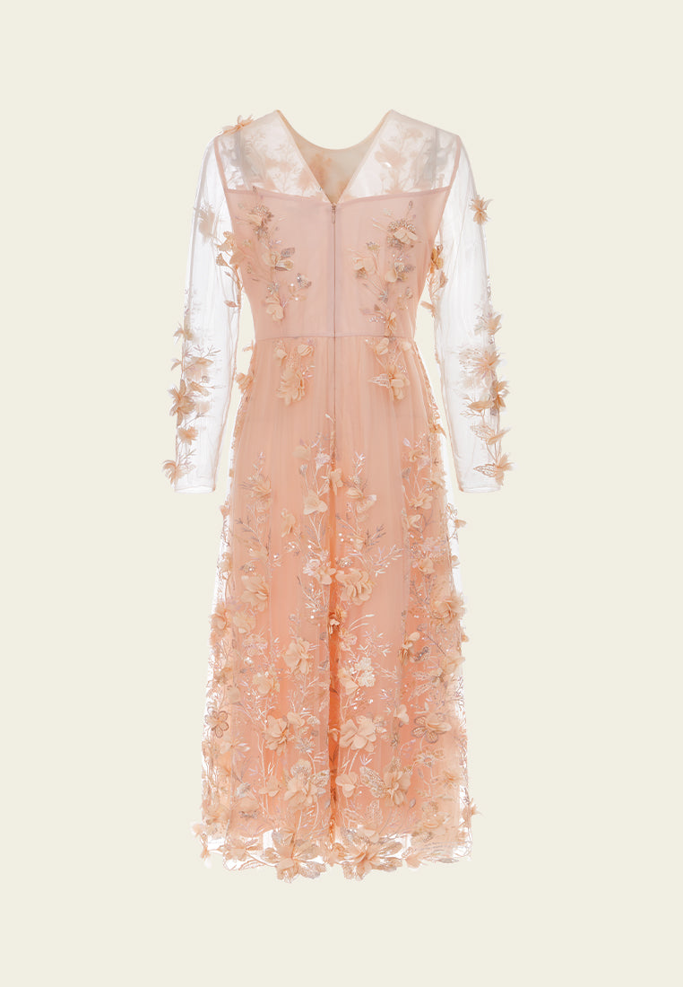 Elegant Embroidered Mesh Dress with Pop-up Flowers, Beads & Sequin Details - Perfect for Weddings, Parties & Special Occasions
