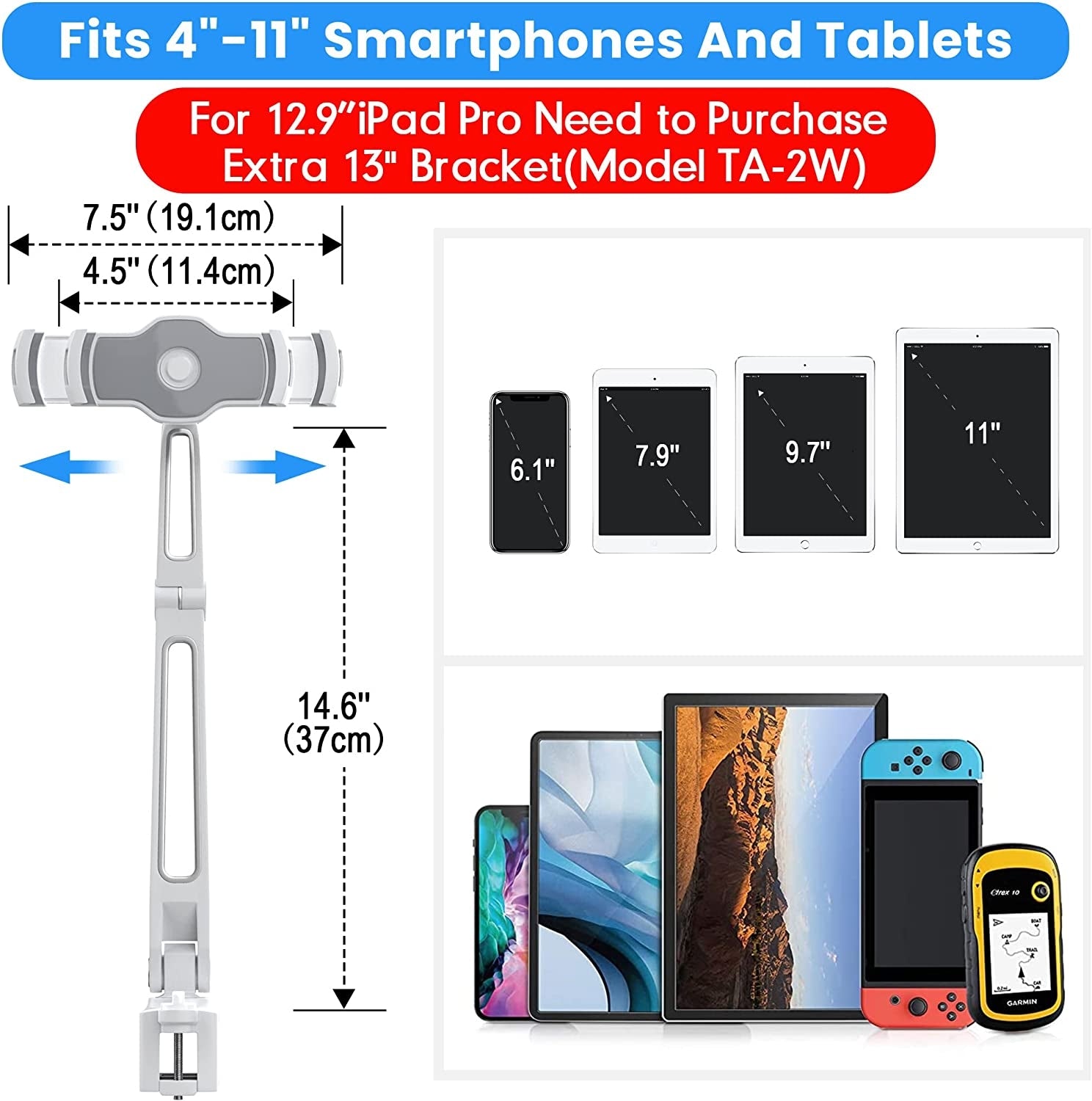 AboveTEK Adjustable Aluminum Long Arm iPad Tablet Mount - 360° Swivel Stand & Phone Holder with Secure Bracket Clamps (White) | Perfect for Bed, Desk, Kitchen & Office Use