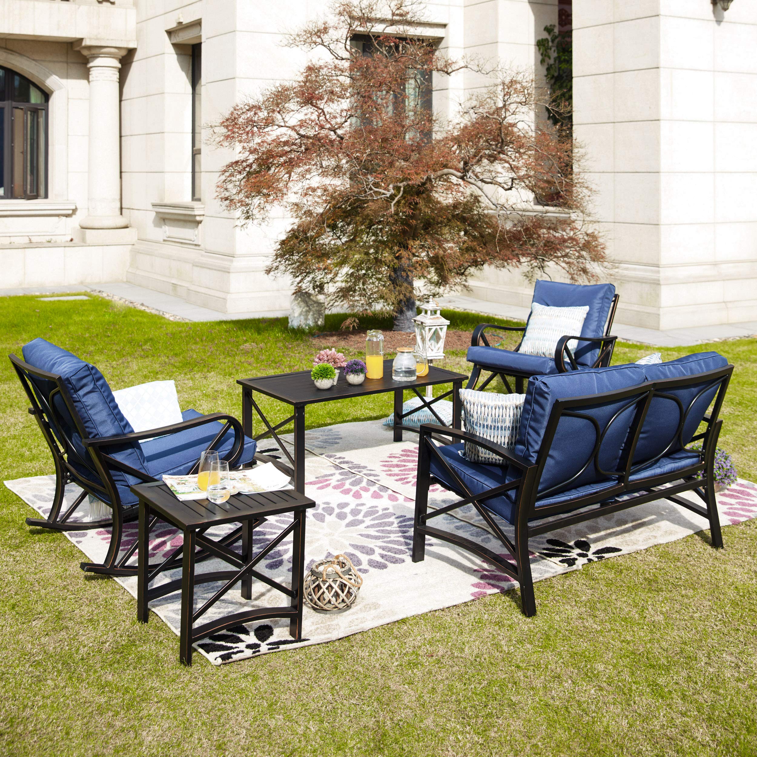 LOKATSE HOME 5-Piece Patio Furniture Set - Blue Bistro Loveseat, 2 Coffee Tables & 5 Chairs for Outdoor Conversation | Perfect for Garden, Backyard, Poolside & Balcony Relaxation