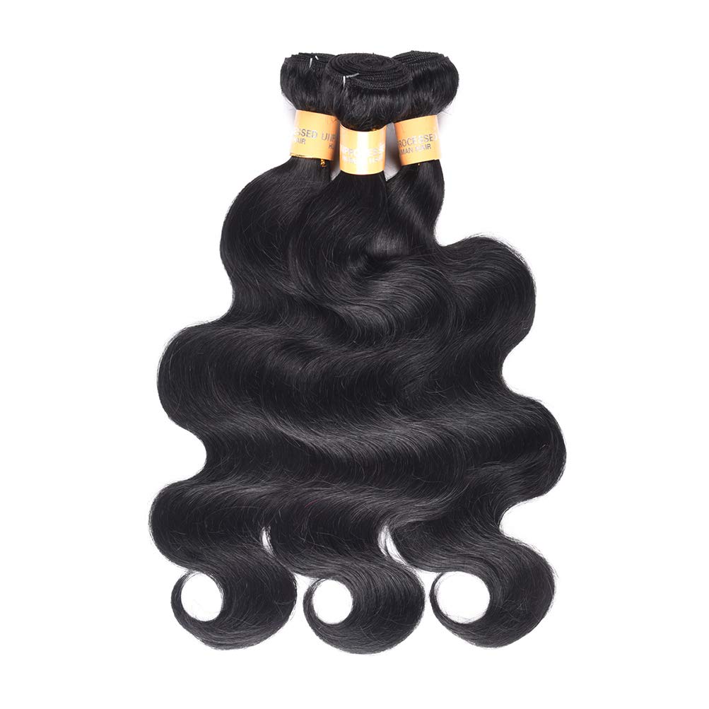 WOME Brazilian Human Hair Bundles 100% Natural Black Body Wave Hair Weaves - 3 Bundles Human Hair Extensions (16