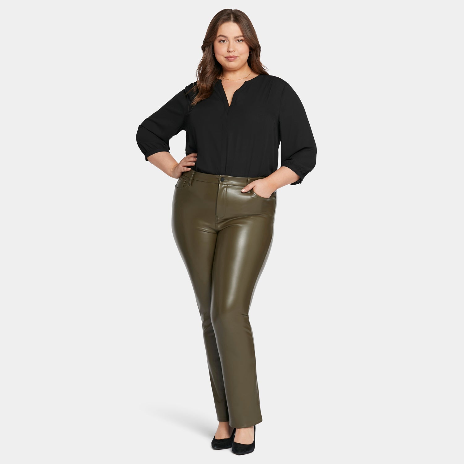 Stylish Plus Size Faux Leather Marilyn Straight Pants in Ripe Olive - Perfect for Work, Night Out & Casual Wear