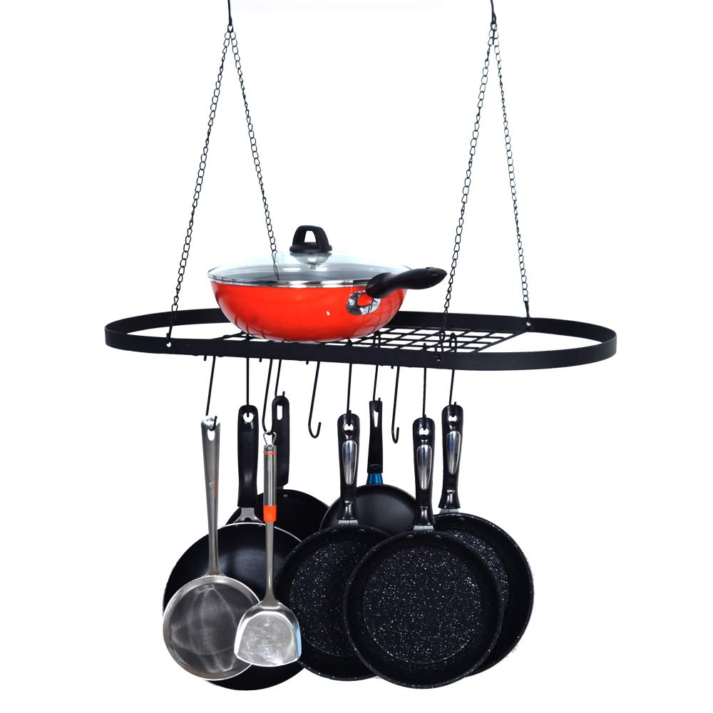 Sturdy Ceiling Pot and Pan Rack with Hooks - Oval Wall Mounted Kitchen Storage Organizer - Perfect for Small Kitchens, RV Camping & Space-Saving Home Organization