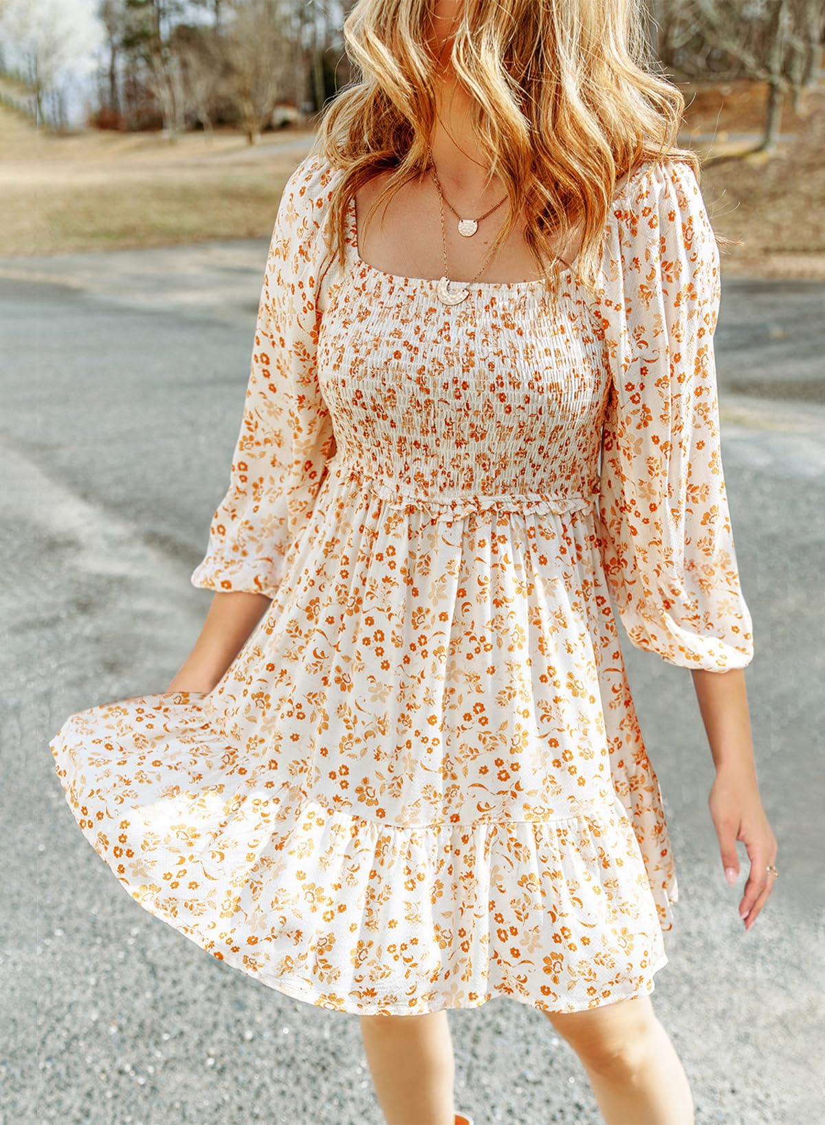 2025 Boho Floral Print Spring Dress for Women - Square Neck Smocked 3/4 Sleeve A-Line Swing Mini Sundress | Casual Summer Outfit for Beach, Picnic & Date Night