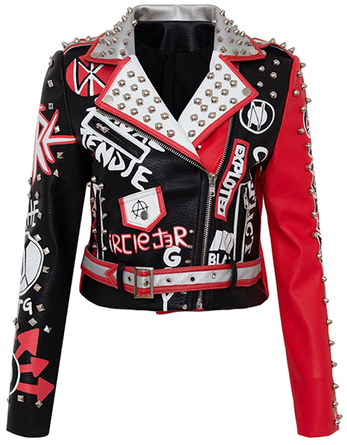 INFIJYON Women's Graffiti Print Faux Leather Studded Biker Jacket - Punk Rock Moto Style, Black, XL - Perfect for Concerts, Night Out & Streetwear Fashion