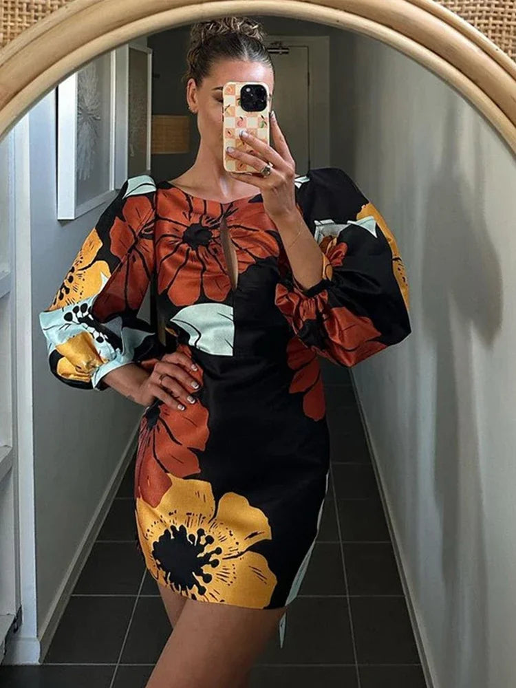 Elegant Backless Floral Mini Dress for Women - Summer Beach Party Dress with Long Lantern Sleeves & Chic O-Neck Design | Perfect for Vacations, Date Nights & Cocktail Parties