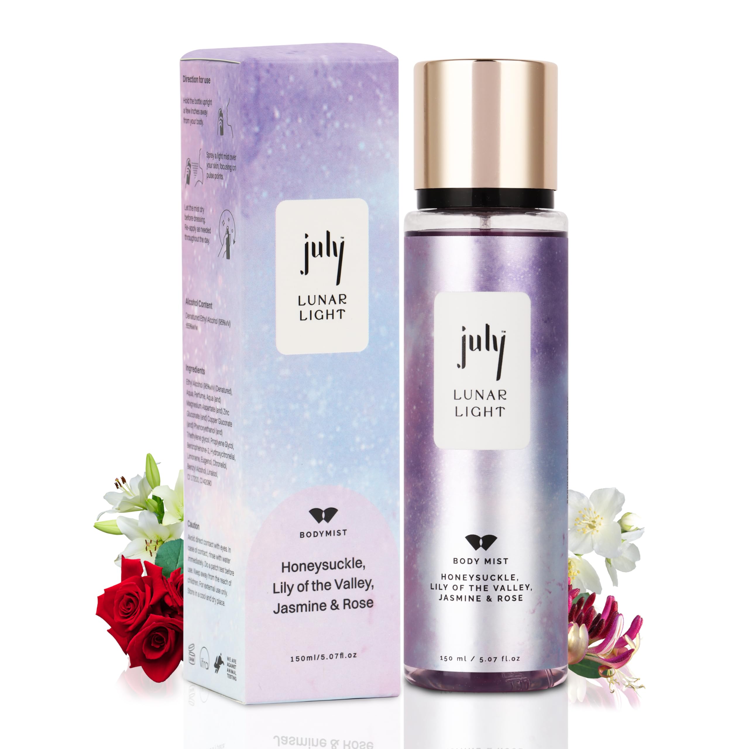 July Lunar Light Body Mist Spray - Sweet & Floral Fragrance with Honeysuckle, Lily of the Valley, Jasmine & Rose | 150ml Long-Lasting Perfume Mist | Natural Ingredients & IFRA Certified | Perfect for Daily Wear, Date Nights & Special Occasions