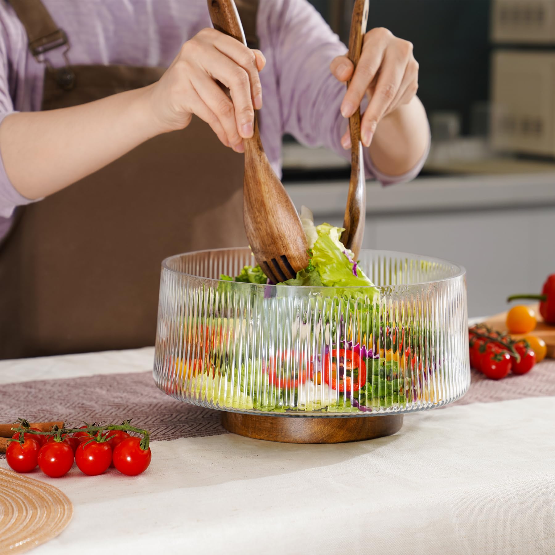 NiHome Large Glass Salad Bowl with Wood Base - Perfect for Family Dinners & Parties