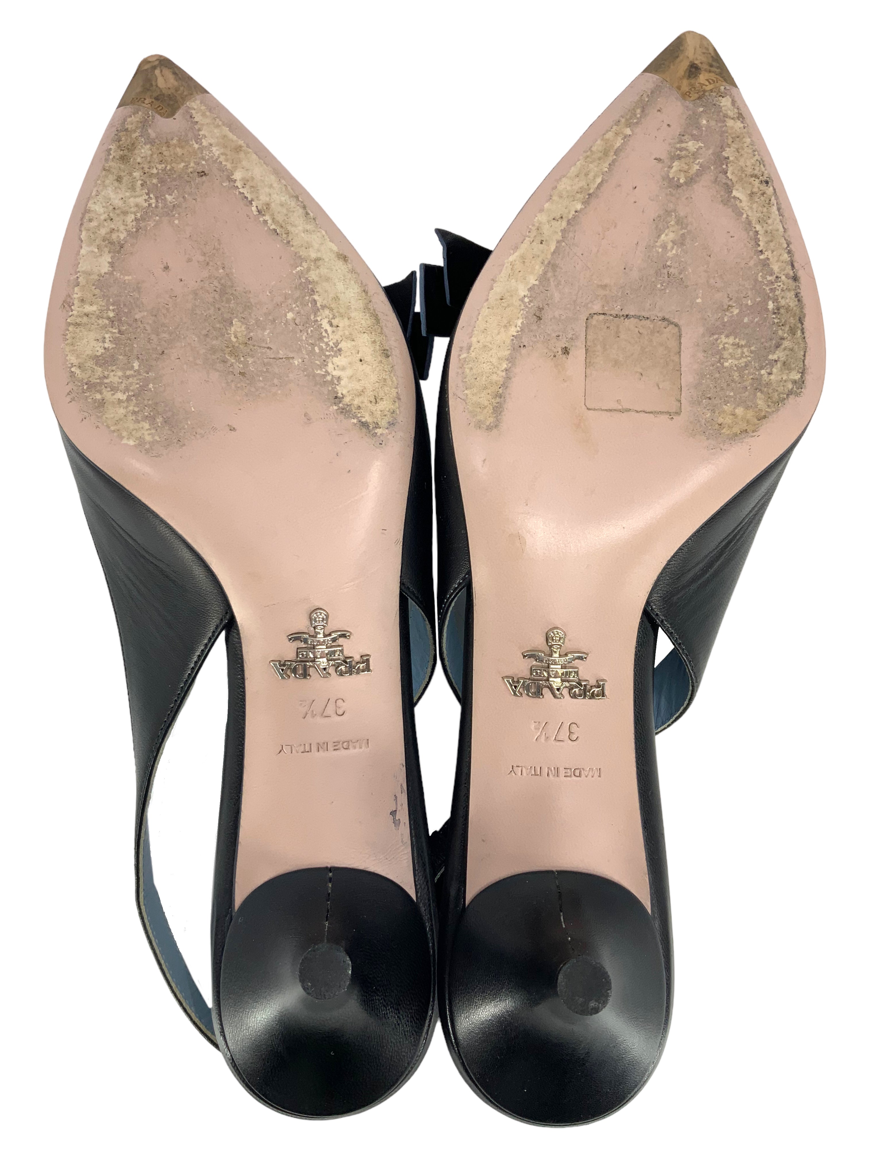 Prada Leather Logo Bow Kitten Heel Slingback Pumps Women's Size 7.5 - Perfect for Office, Party & Special Occasions