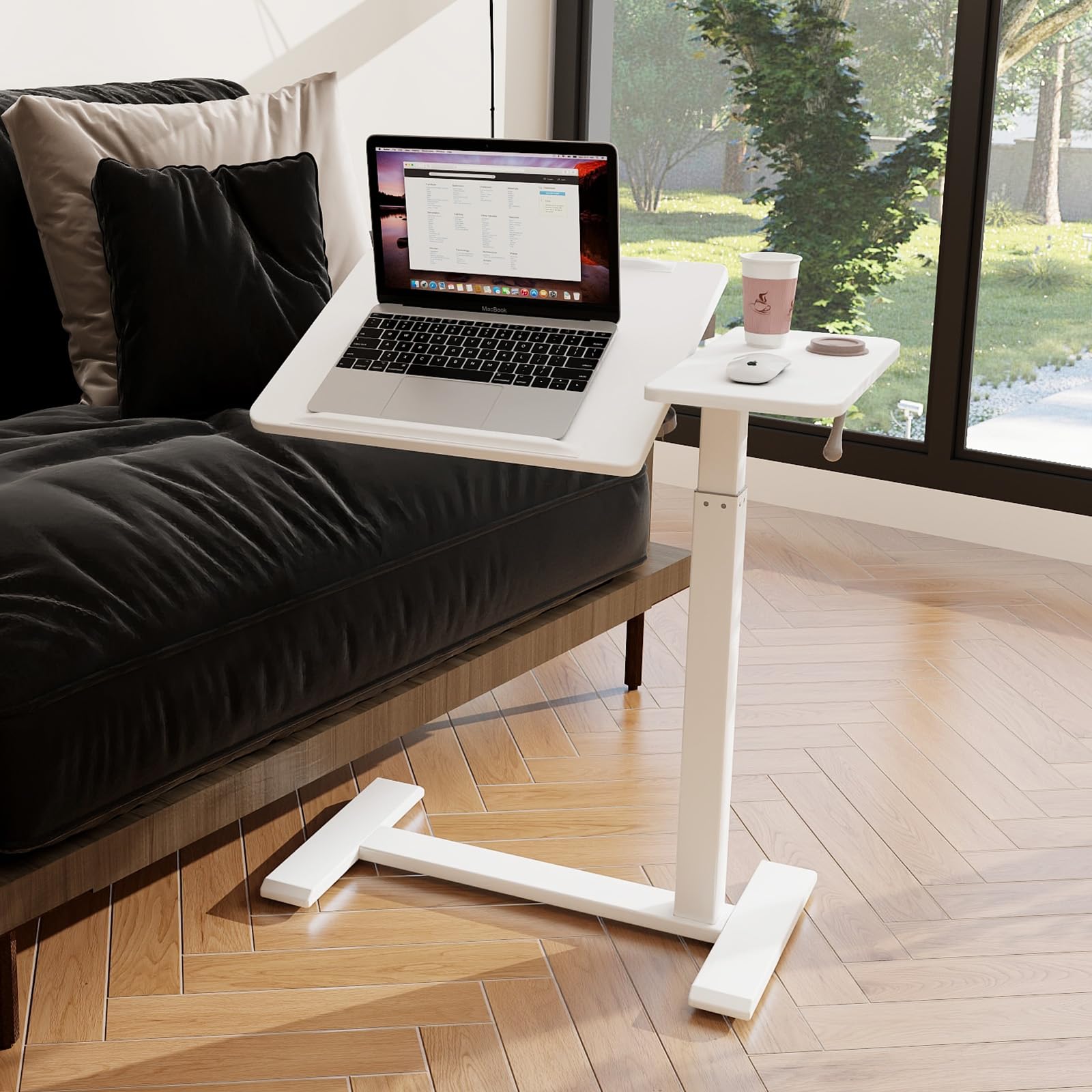 PUNCIA Adjustable Pneumatic Overbed Table with Wheels - Split Top Tilting Bedside Table with Tray - Rolling Laptop Computer Standing Desk Cart (Height 27