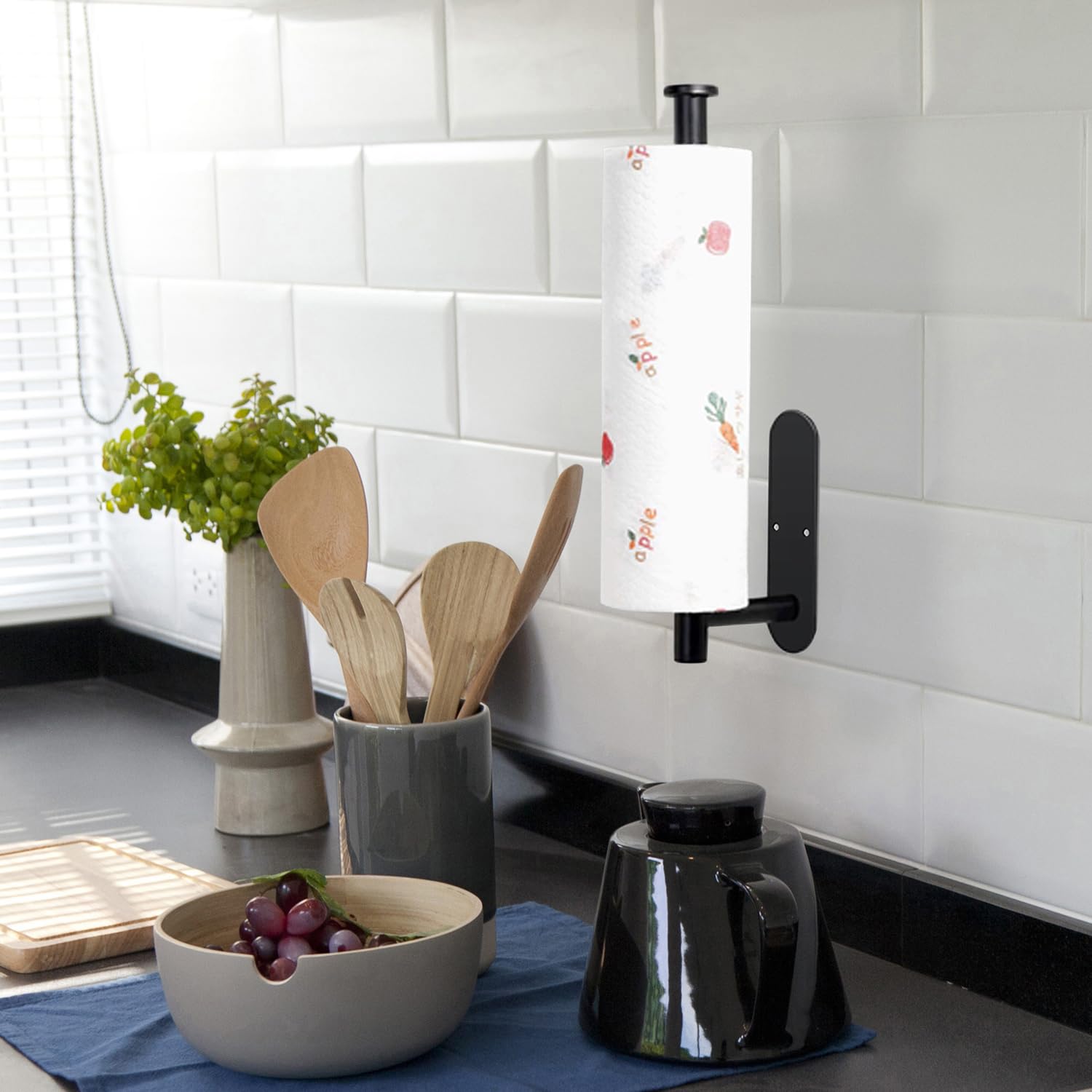 Gewtur Under Cabinet Kitchen Roll Paper Holder - Matte Black Stainless Steel Wall Mounted Towel Dispenser with Self Adhesive for RV, Pantry, Bathroom | Space-Saving Solution for Compact Kitchens, Campers & Small Spaces