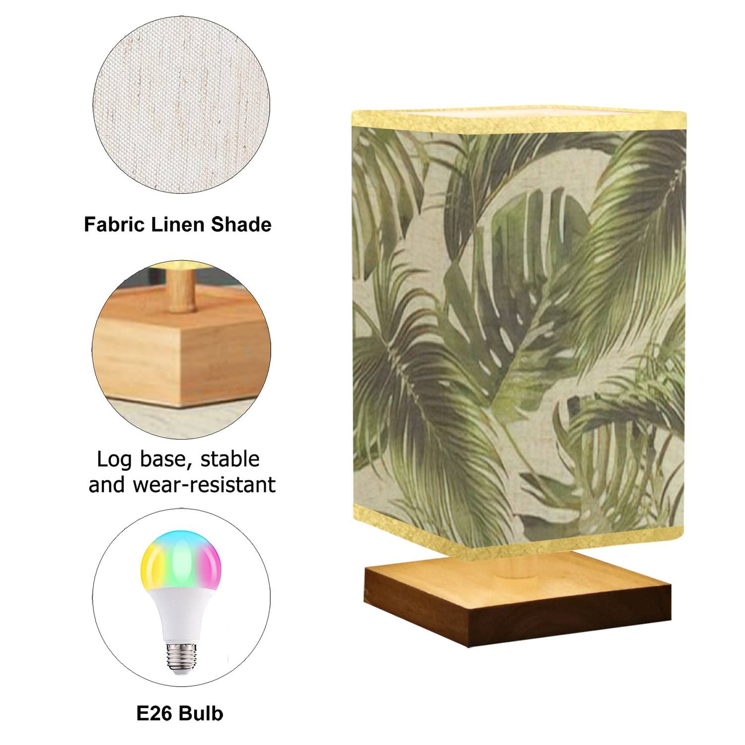 Dimmable Tropical Palm Leaf Nightstand Lamp with Wooden Base & Flaxen Fabric Shade - Bedside Table Lamp for Bedroom, Living Room | Perfect for Reading, Relaxation & Home Decor