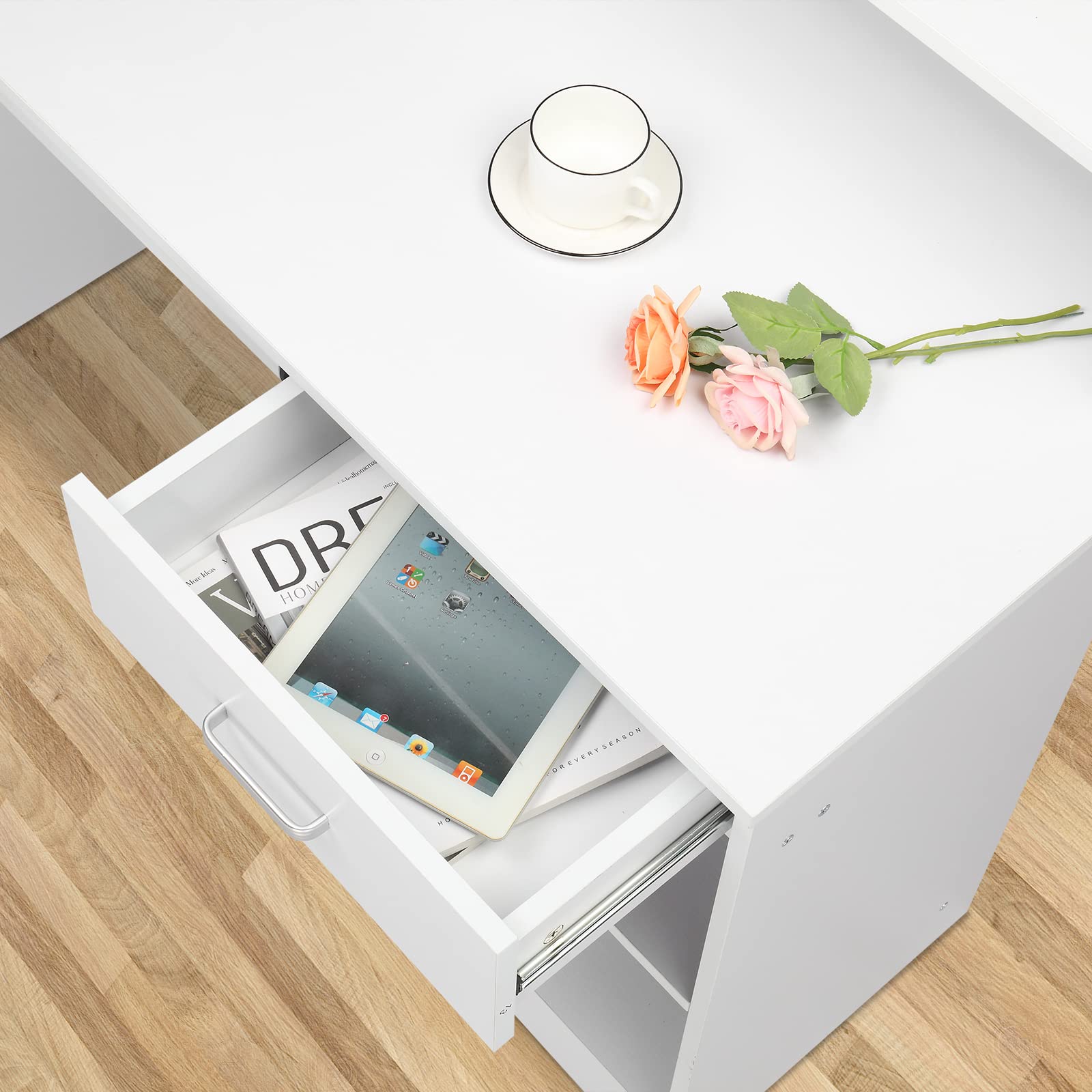 Karl Home Computer Desk - Wooden Study Writing Desk with Drawer & Keyboard Tray, White - Perfect for Home Office, Gaming Setup, Remote Work & Small Spaces