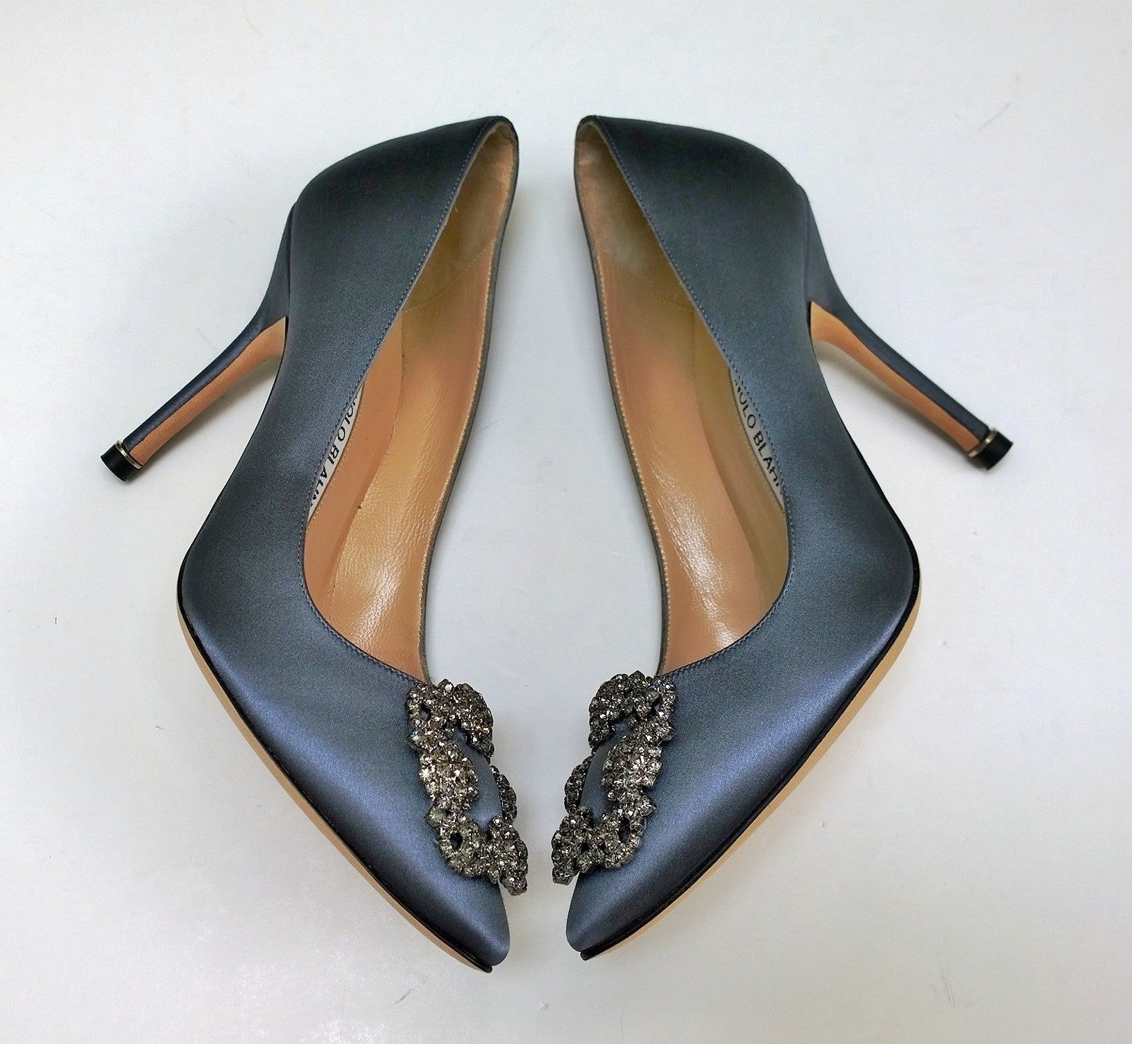Manolo Blahnik Hangisi 105mm Grey Satin Pumps with Rhinestone Buckle - Elegant High Heels for Weddings, Parties & Special Occasions