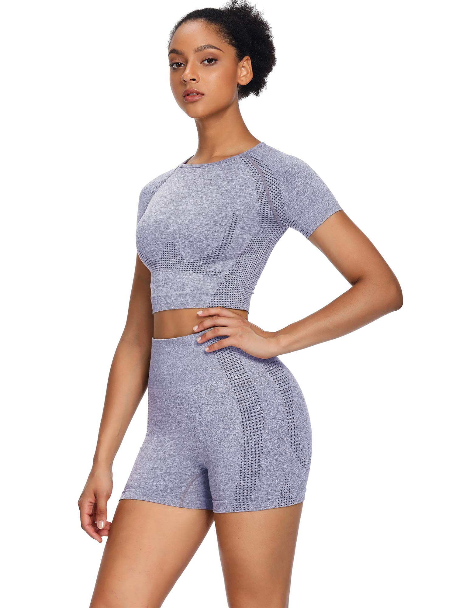 Women's Seamless Yoga Outfits 2-Piece Set - Workout Gym Shorts & Short Sleeve Crop Top | High Waisted Athletic Wear for Yoga, Pilates, Gym & Running