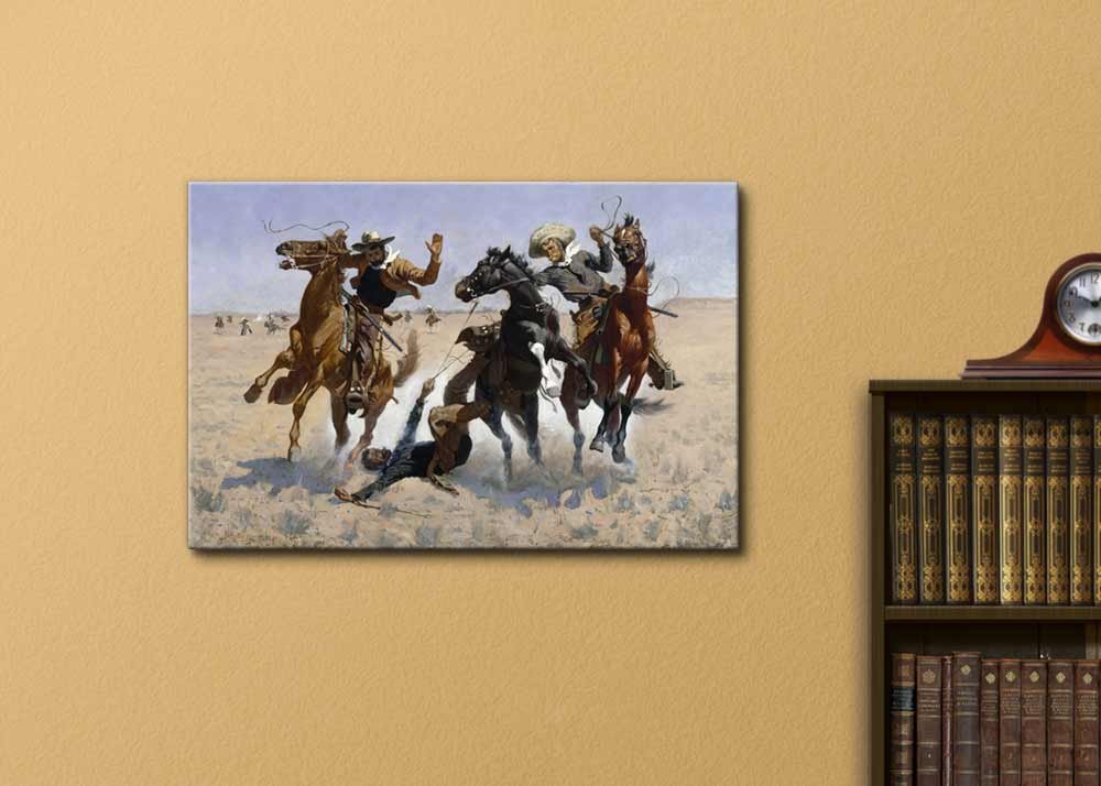 Frederic Remington Wild West Cowboy Painting - 'Aiding a Comrade' Canvas Print Wall Art - Famous Western Art Reproduction 16x24 Inches - Perfect for Western Decor, Living Room, Office & Man Cave