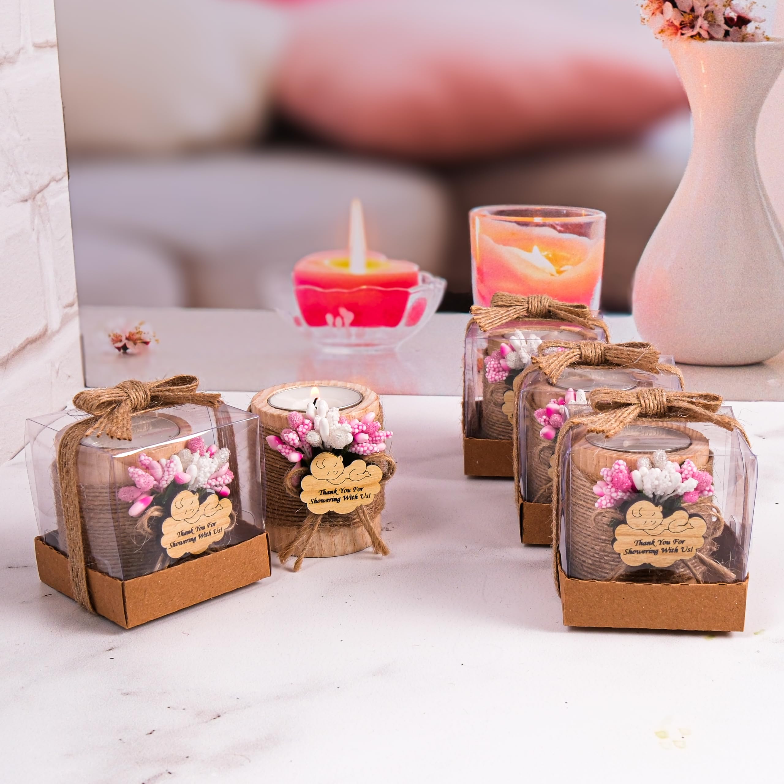 10 Pack Wooden Tealight Candle Holders for Baby Shower Decorations - Pink & Light Brown Baby Shower Gifts, Party Favors, Wedding Centerpieces, Romantic Home Decor
