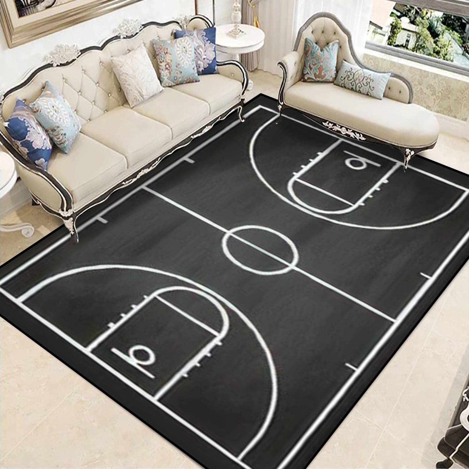 Basketball Court Area Rug - Non-Slip Soft Floor Mat with Blackboard Texture for Indoor & Outdoor Use | Perfect for Living Room, Bedroom, Kids Room, Yoga & Play Areas