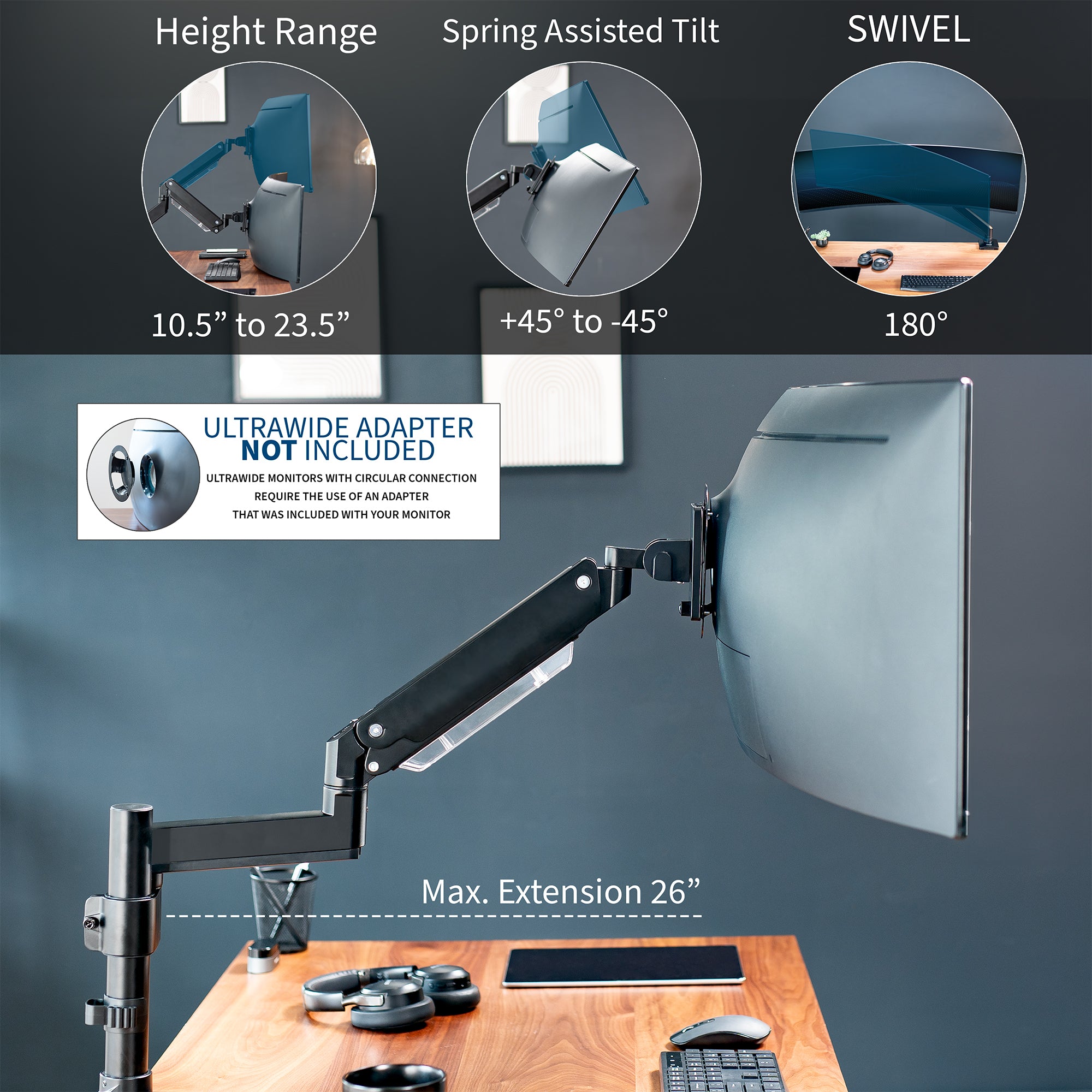 Pneumatic Arm Single Ultrawide Monitor Desk Mount with USB Port - Holds Up to 49 Inch Screens - Perfect for Home Office, Gaming Setup & Workspace Ergonomics