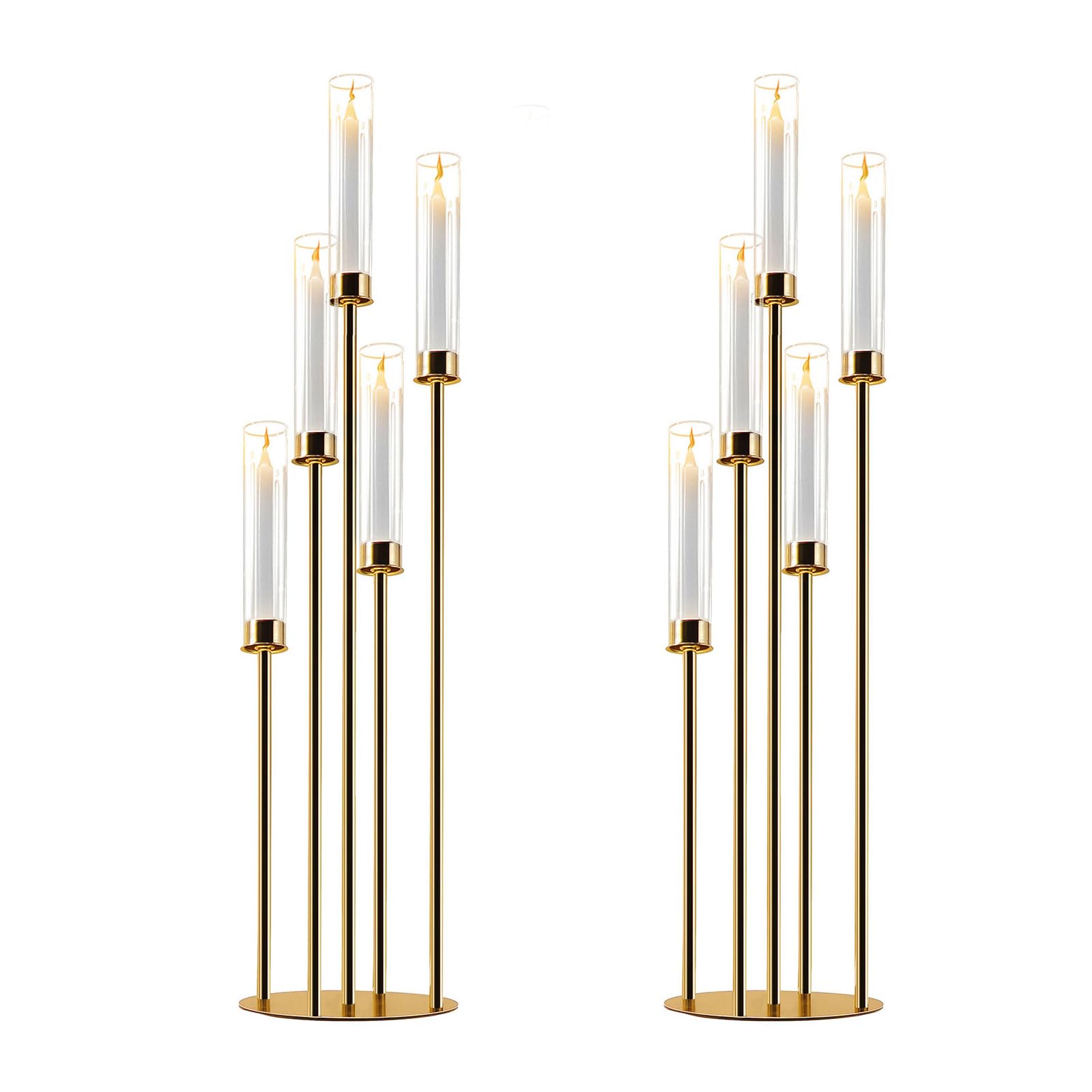 5-Arm Gold Candelabra with Glass Cylinders for Real Candles - Elegant Metal Candle Holder for Wedding, Party & Home Decor - Large Centerpiece (Set of 2) - Perfect for Dining Table, Mantel Decor and Special Events