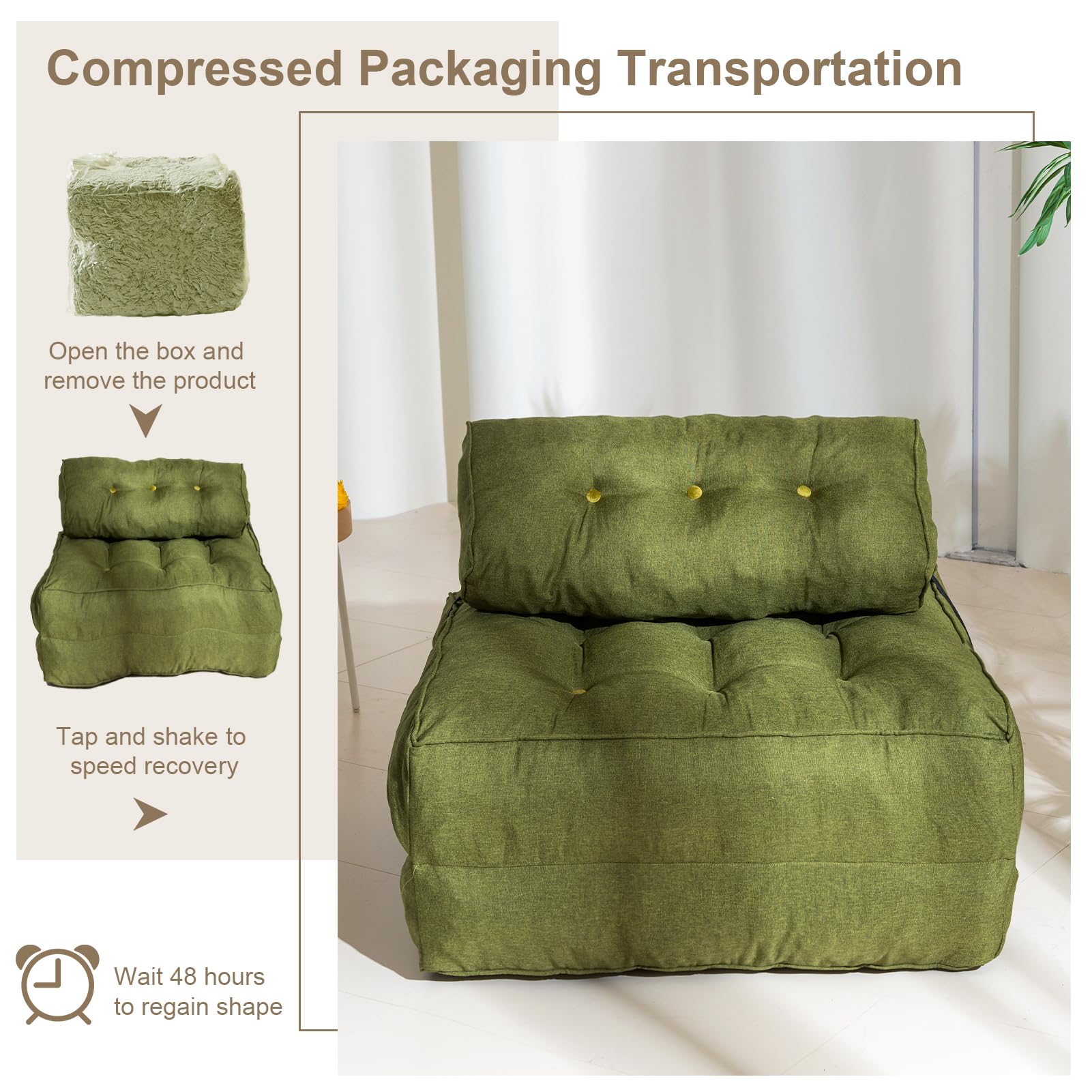 MAXYOYO Folding Couch Sofa Bed - Convertible Sleeper Chair with Back Support & Pillow, Green - Perfect for Small Spaces, Guest Rooms & Apartments